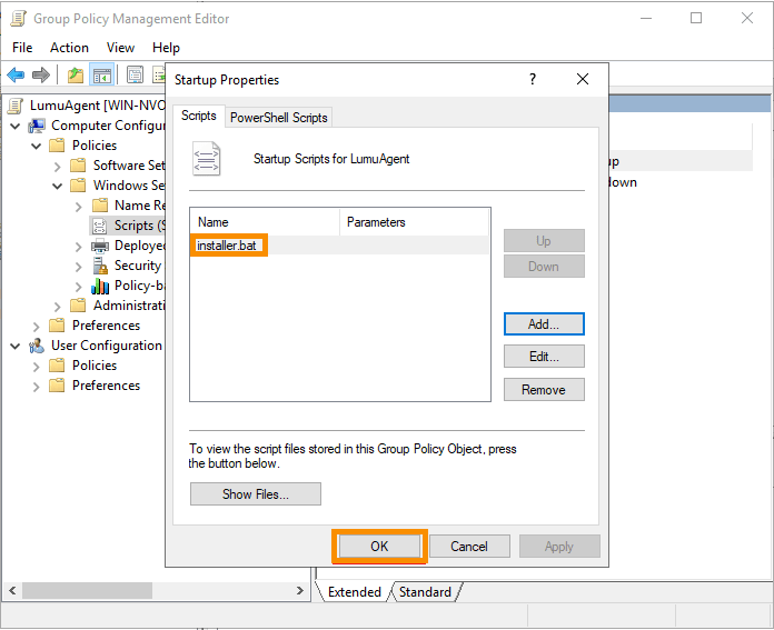 Startup Properties confirmation screen