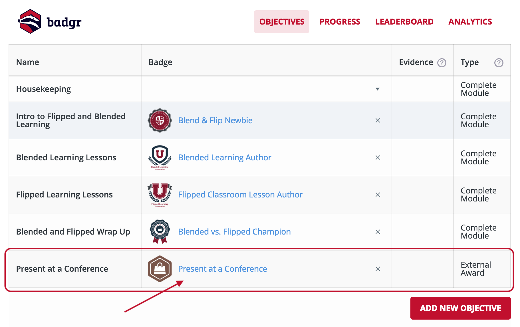 Add badge to objectives