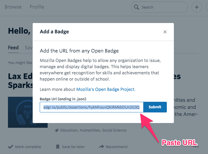 Degreed add a badge pop up