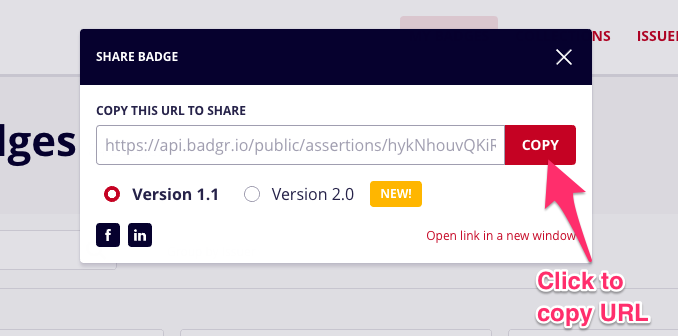 Badgr share URL pop up