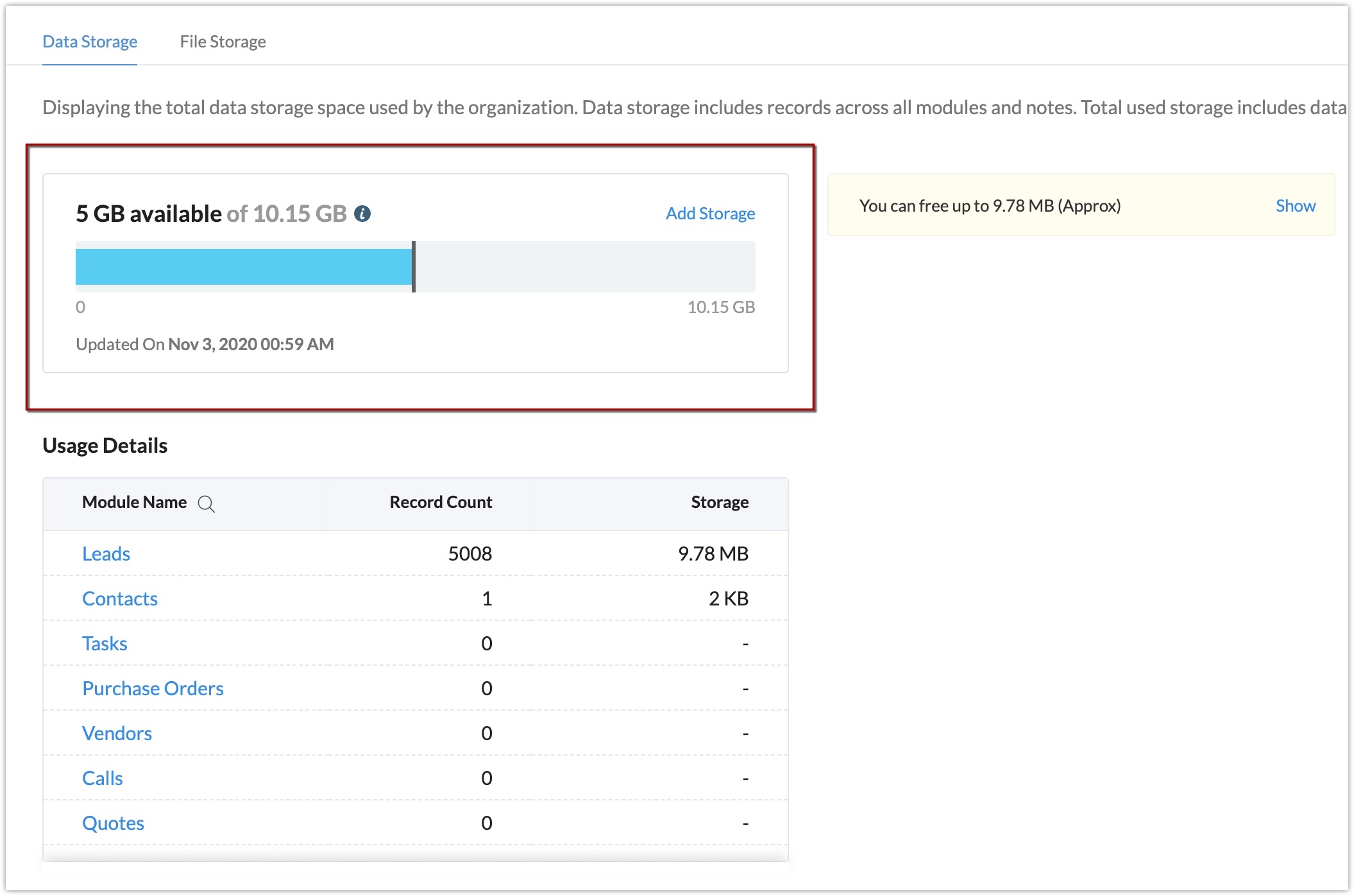 Manage Data Storage Space Zoho CRM Help