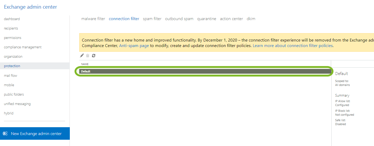 Protection default setting