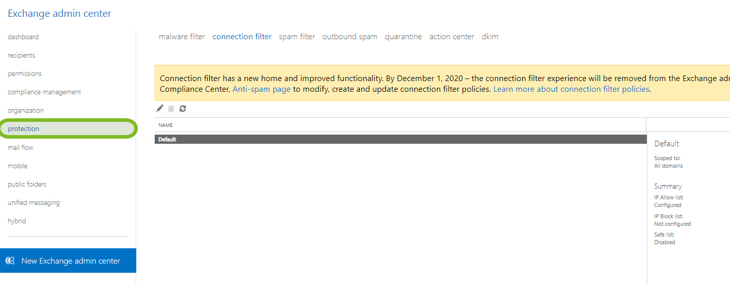 Exchange Admin Center Protection tab