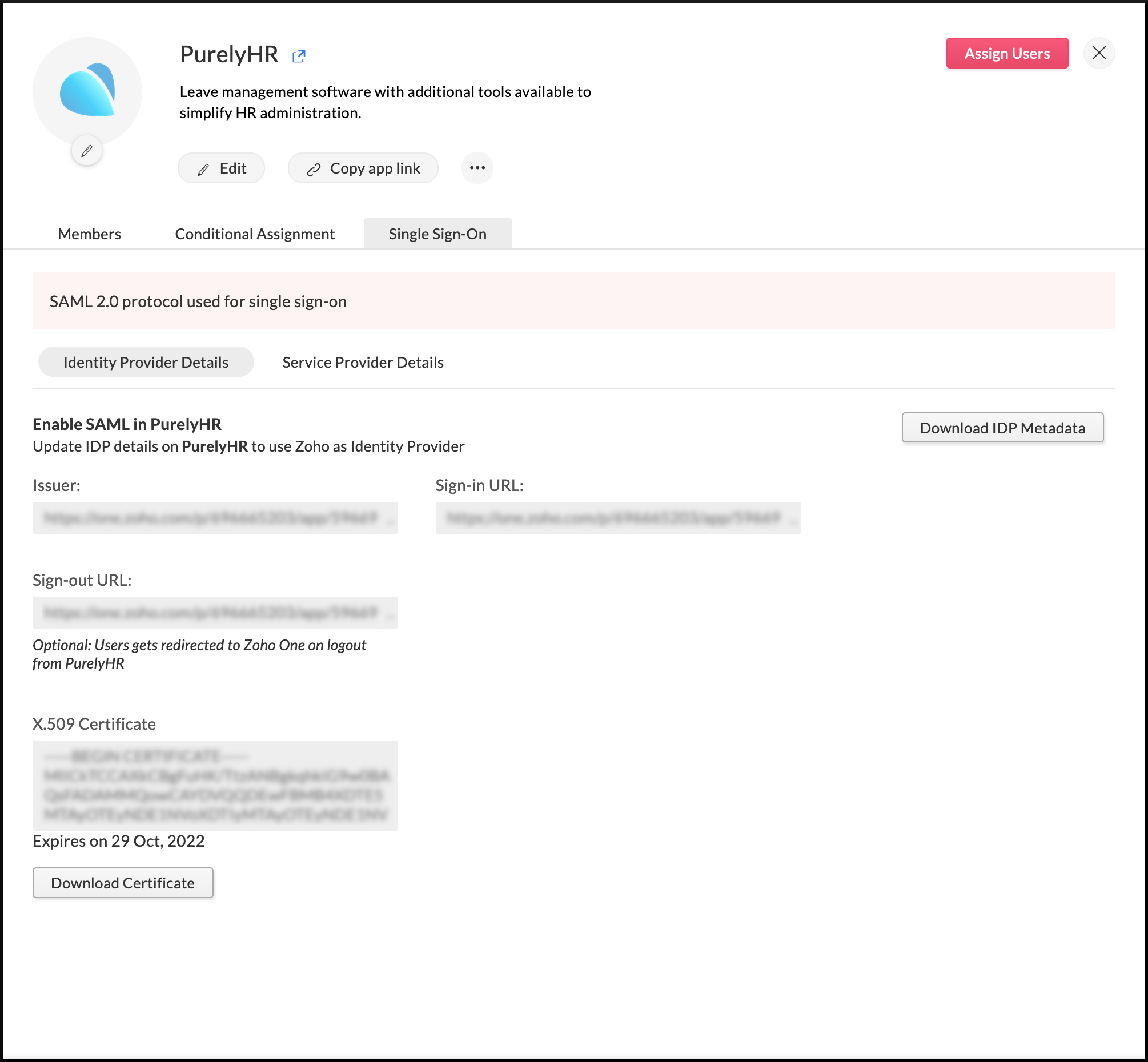 Identity provider details needed to configure SAML in PurelyHR