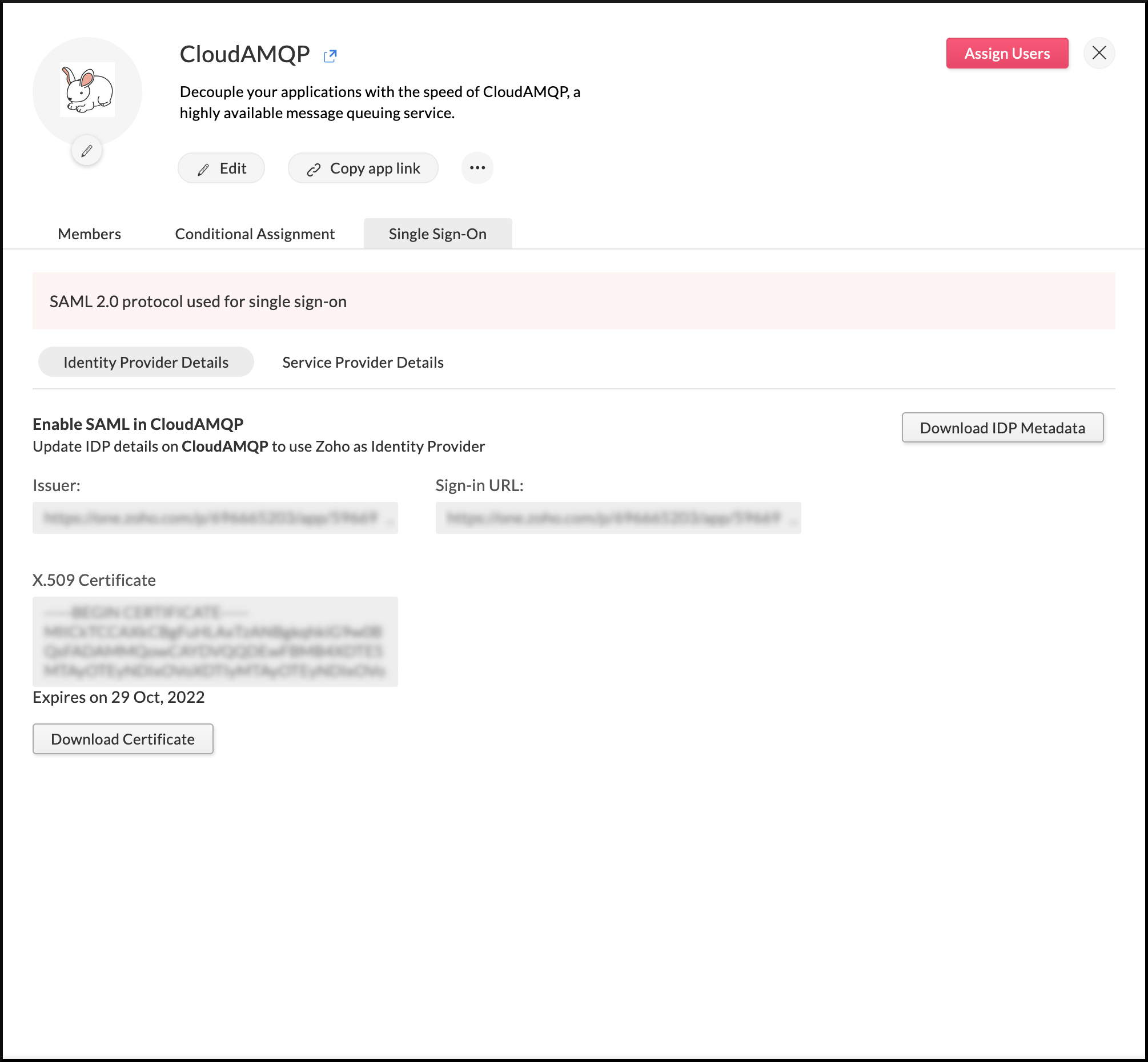 Identity provider details needed to configure SAML in CloudAMQP