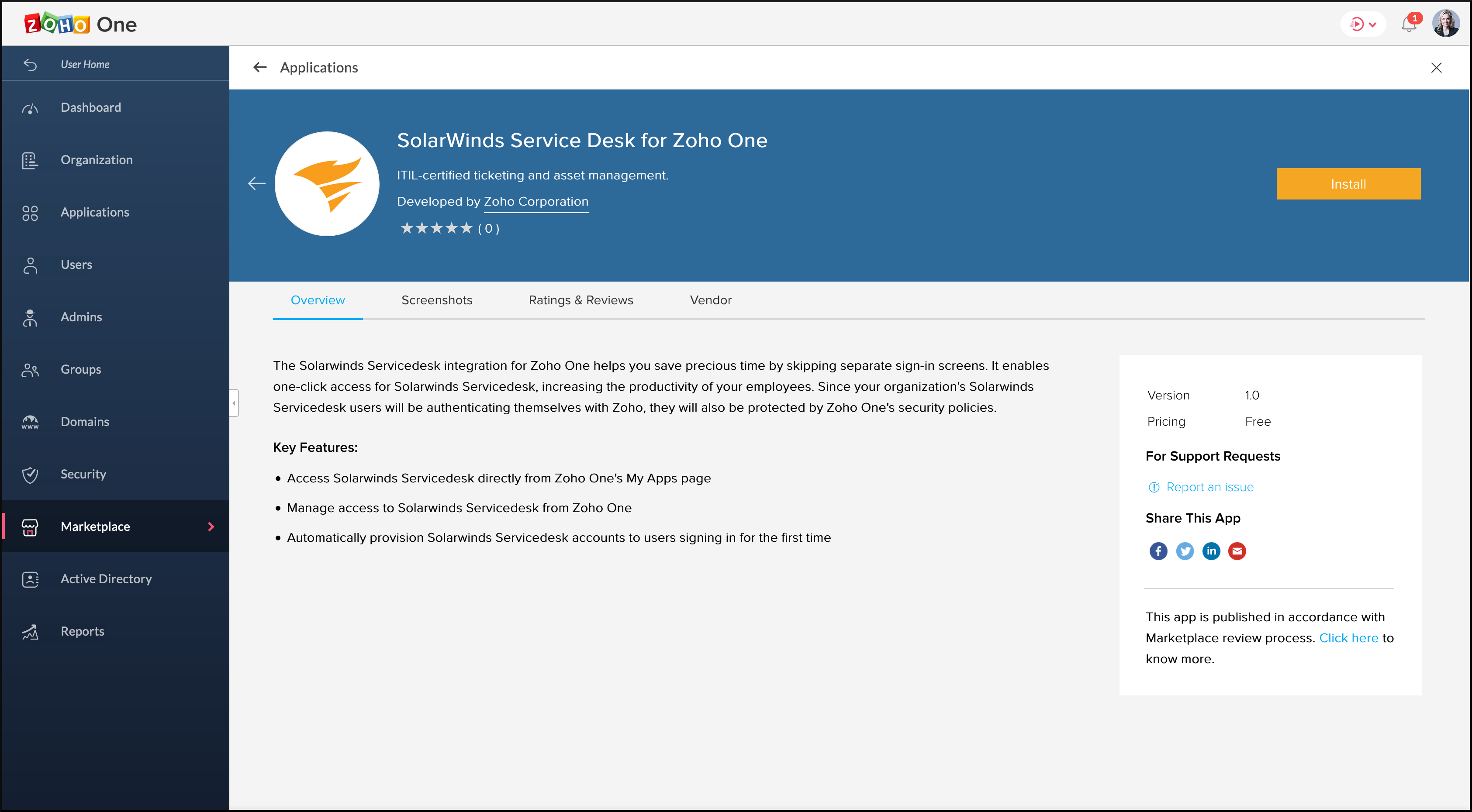 SolarWinds Service Desk's installation page in Zoho Marketplace