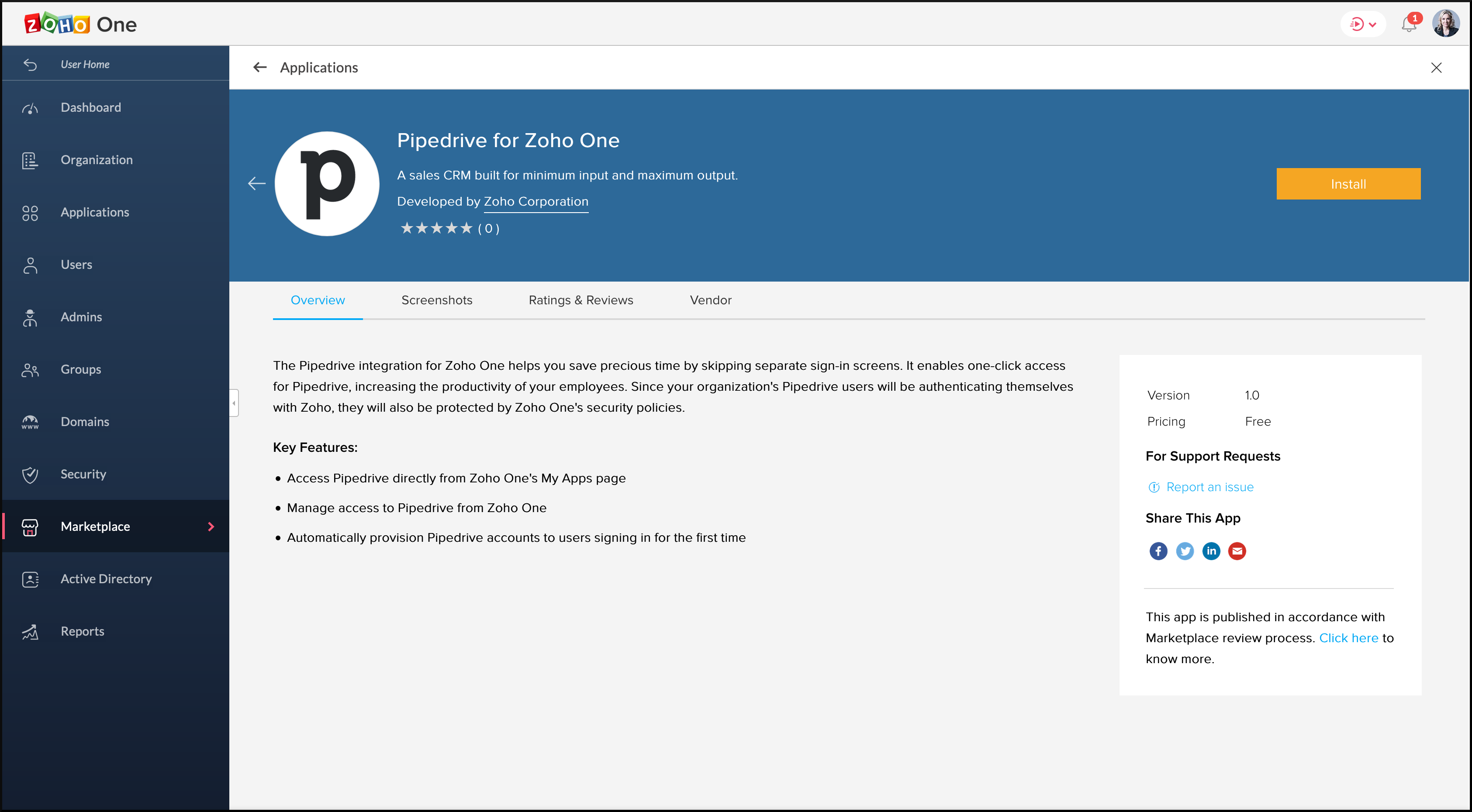 Pipedrive's installation page in Zoho Marketplace