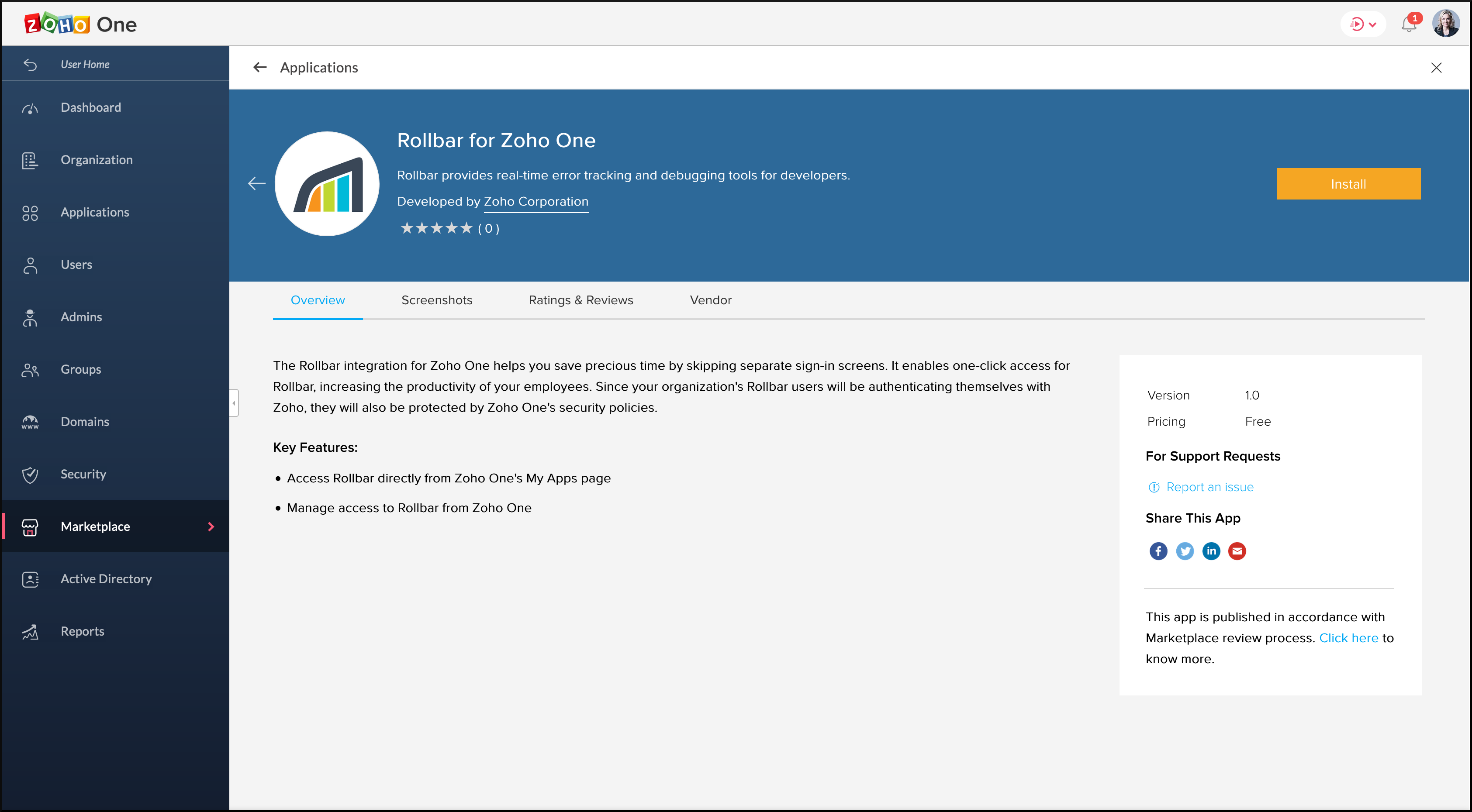 Rollbar's installation page in Zoho Marketplace