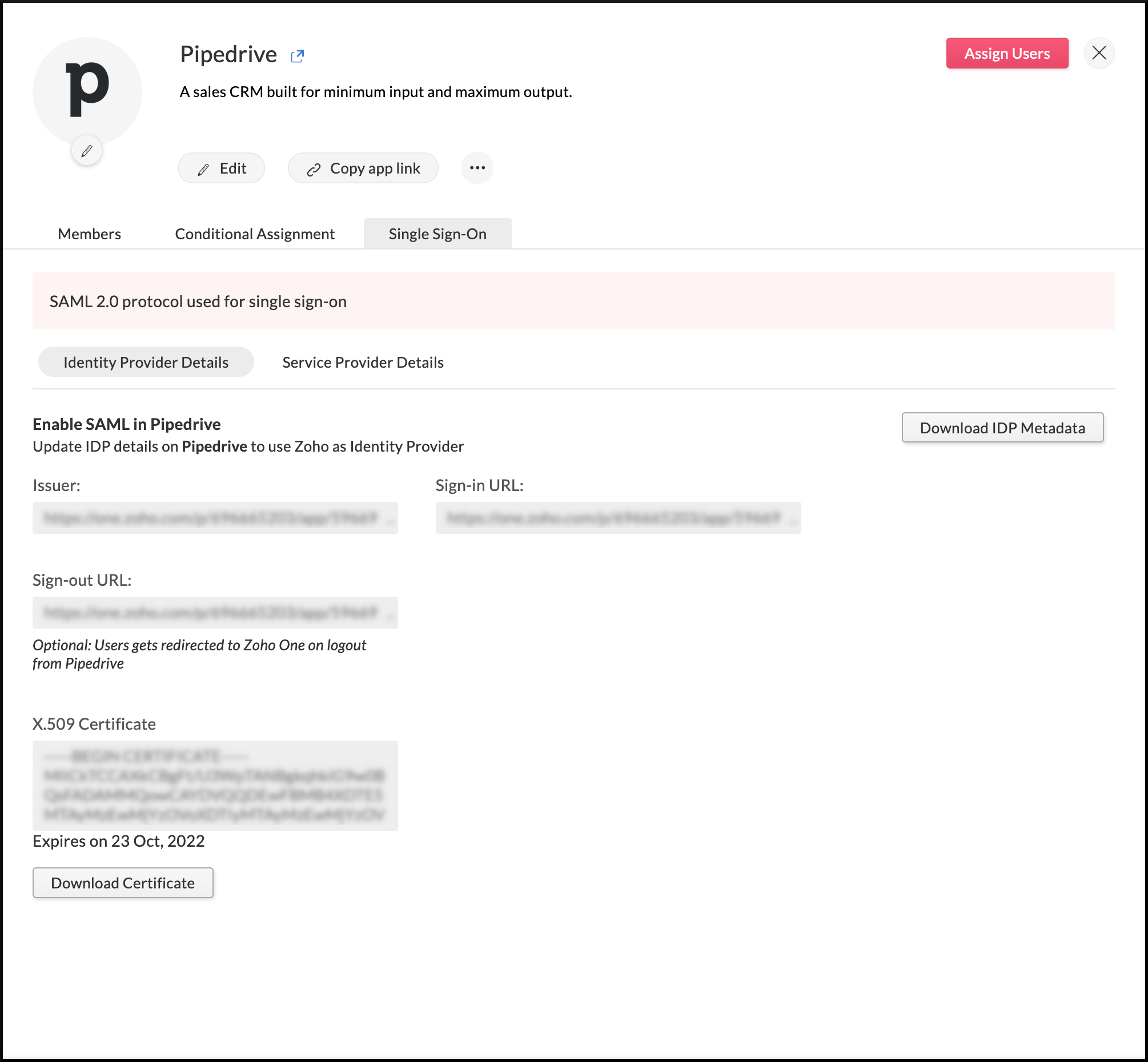 Identity provider details needed to configure SAML in Pipedrive