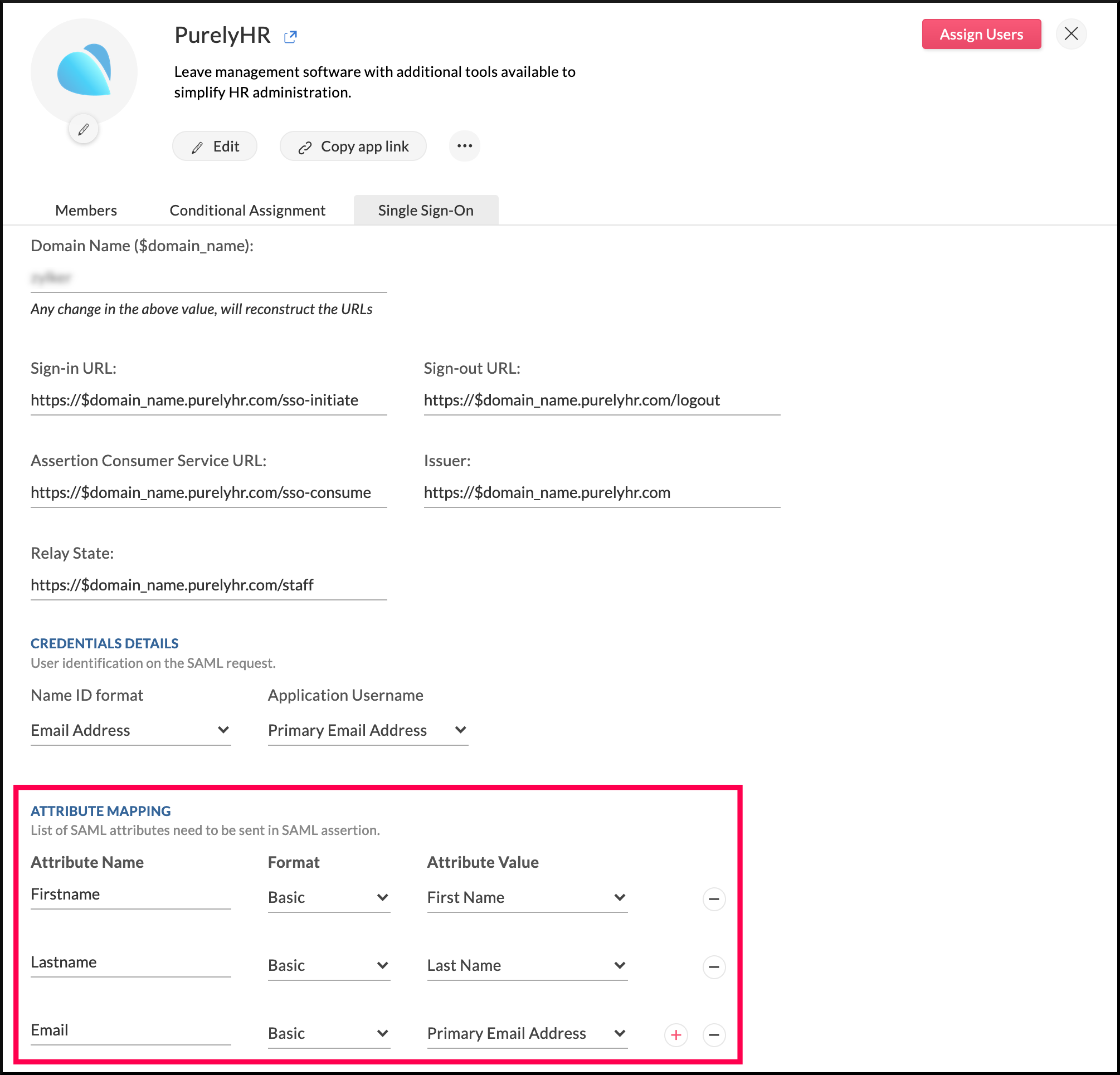 Attribute mapping needed to configure SAML for PurelyHR