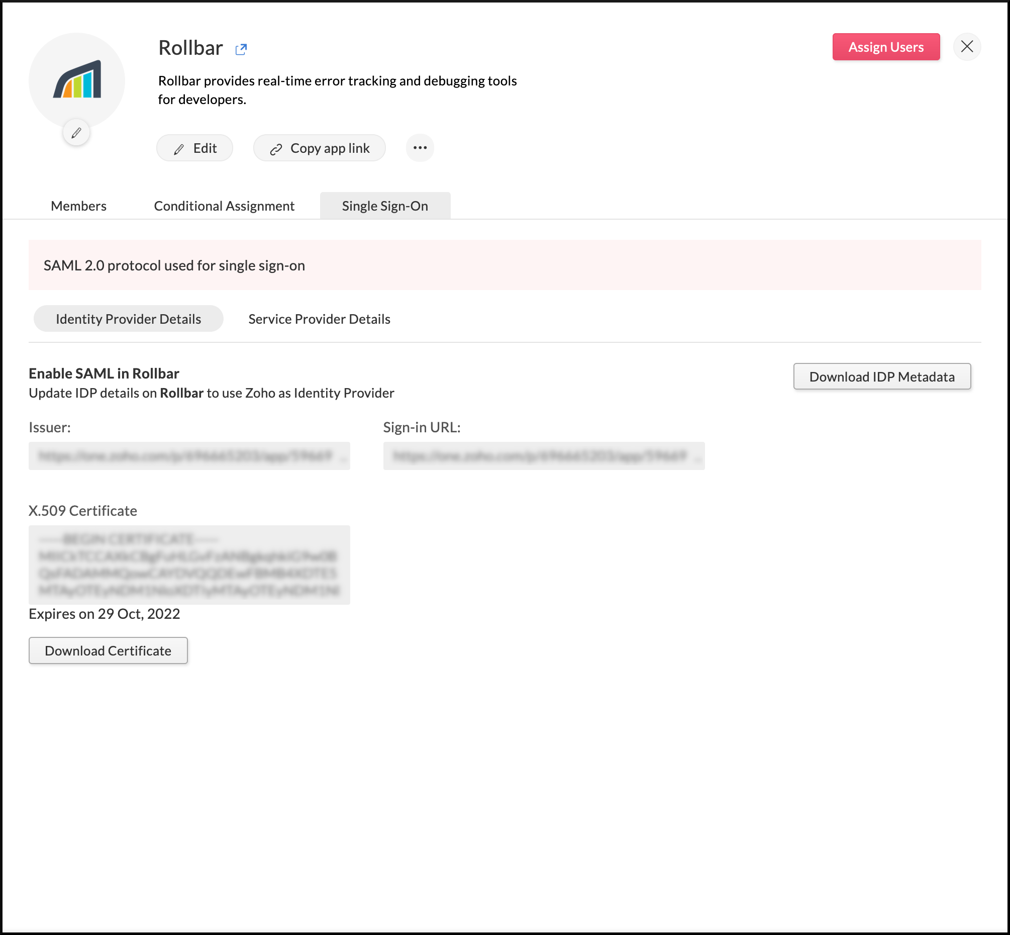 Identity provider details needed to configure SAML in Rollbar