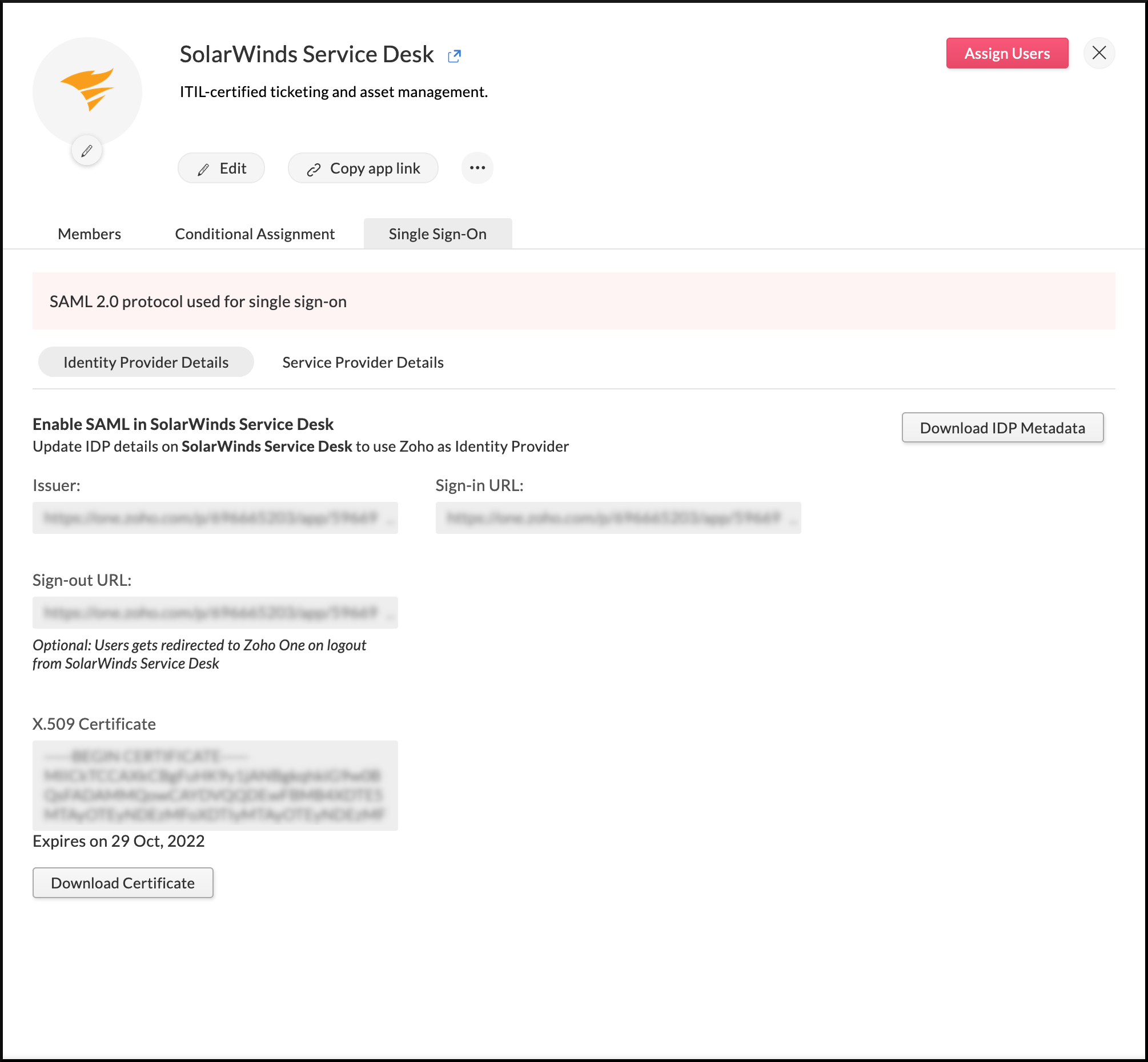 Identity provider details needed to configure SAML in SolarWinds Service Desk