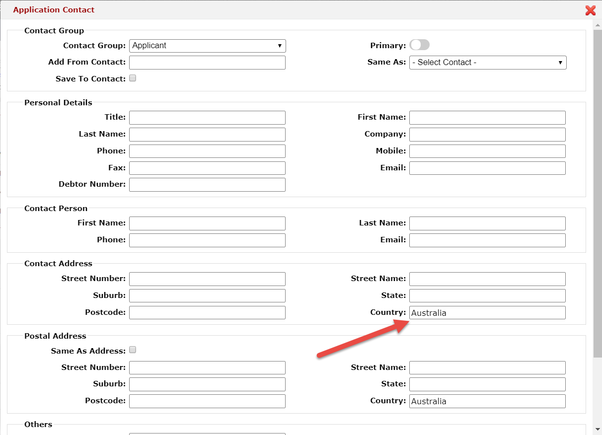 Set Australia as default country in application contact details form