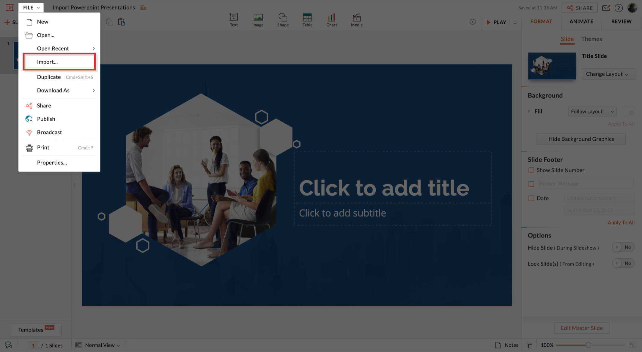 Choose import files from file menu in Zoho Show