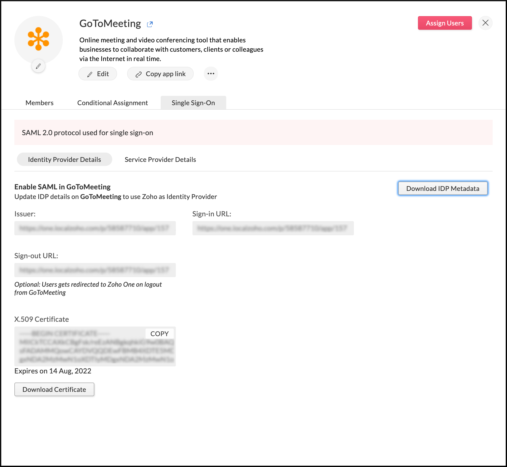 Identity provider details needed to configure SAML in GoToMeeting