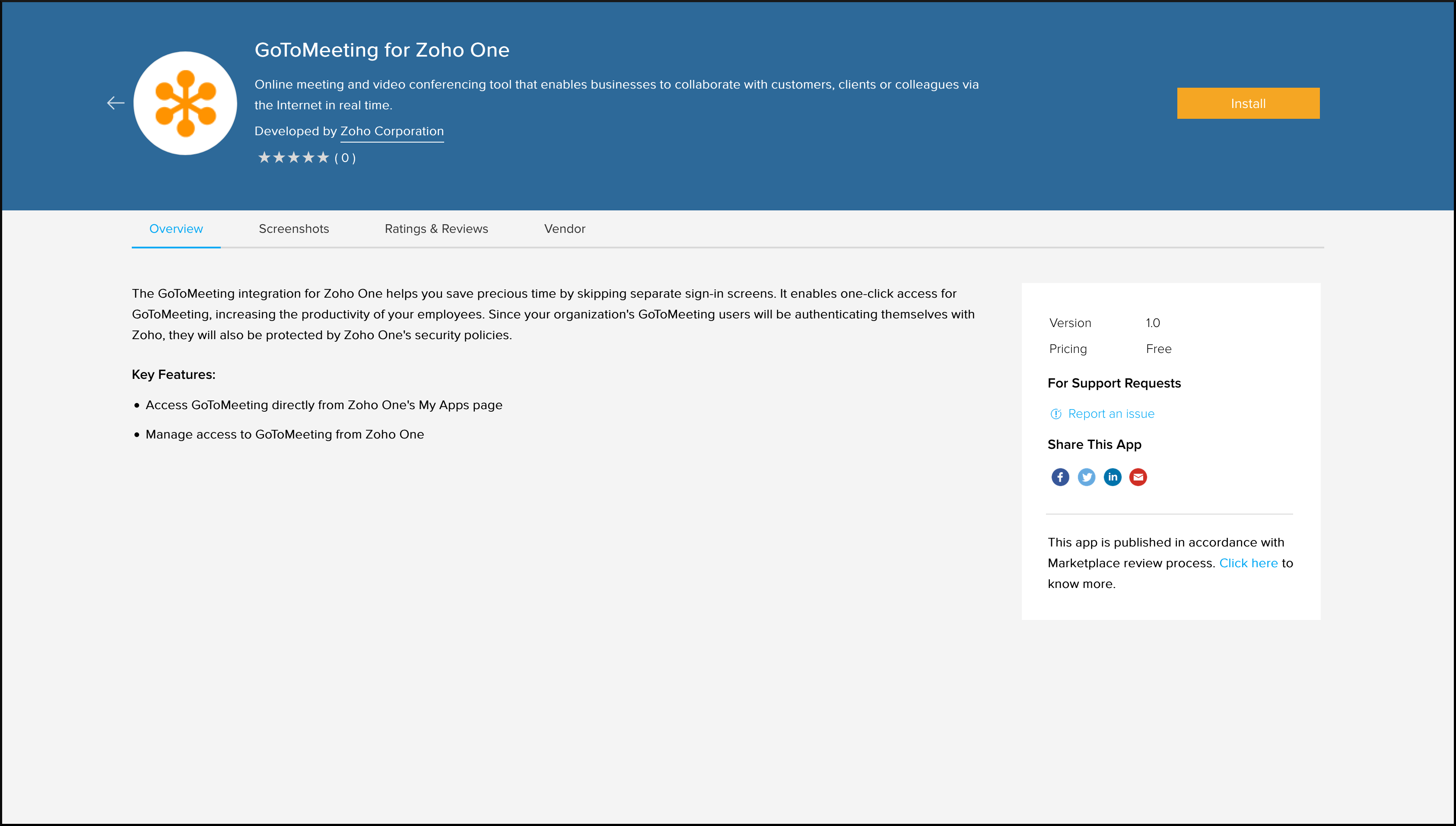 GoToMeeting's installation page in Zoho Marketplace