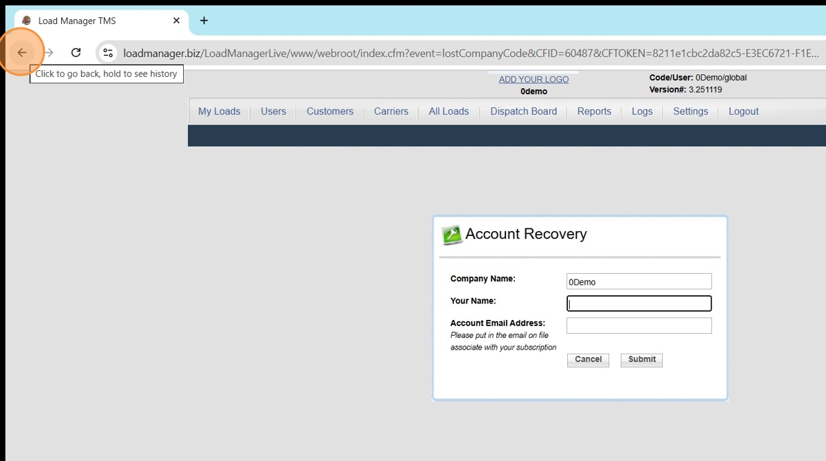 Forgot username option on the Load Manager login screen