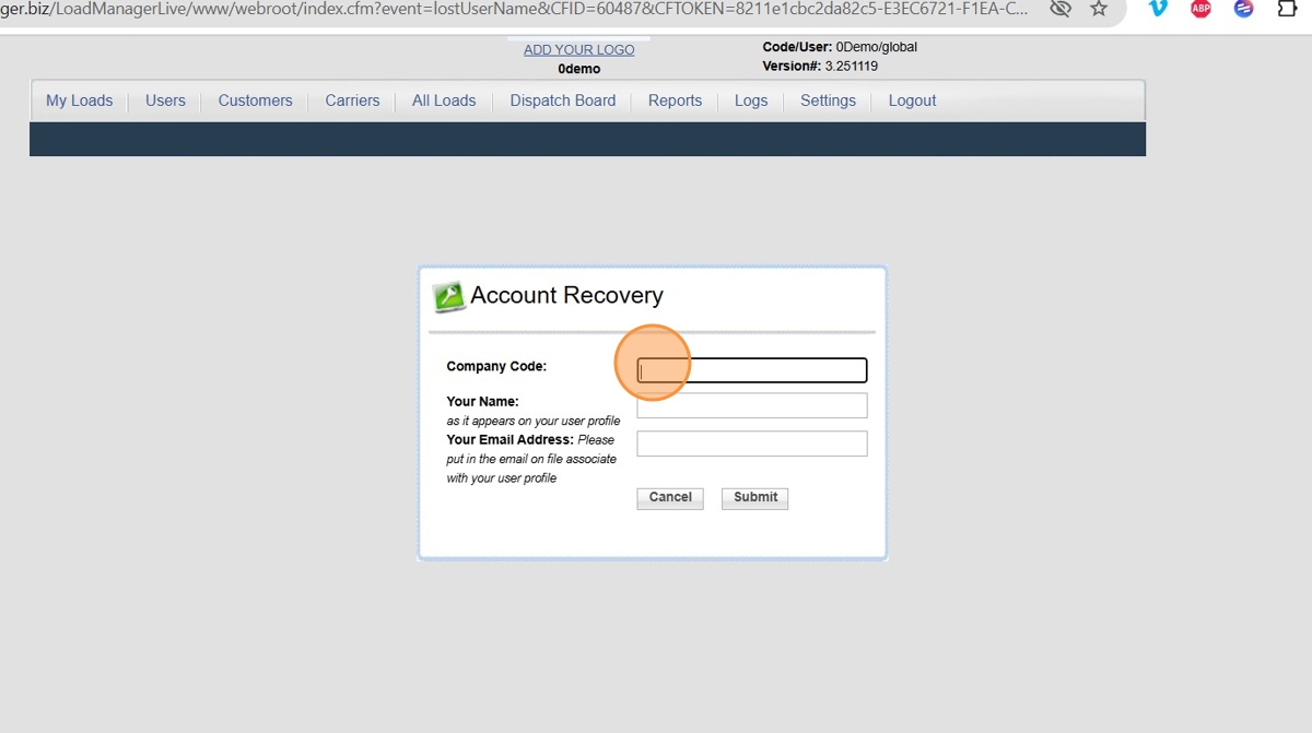 Forgot password option on the Load Manager login screen