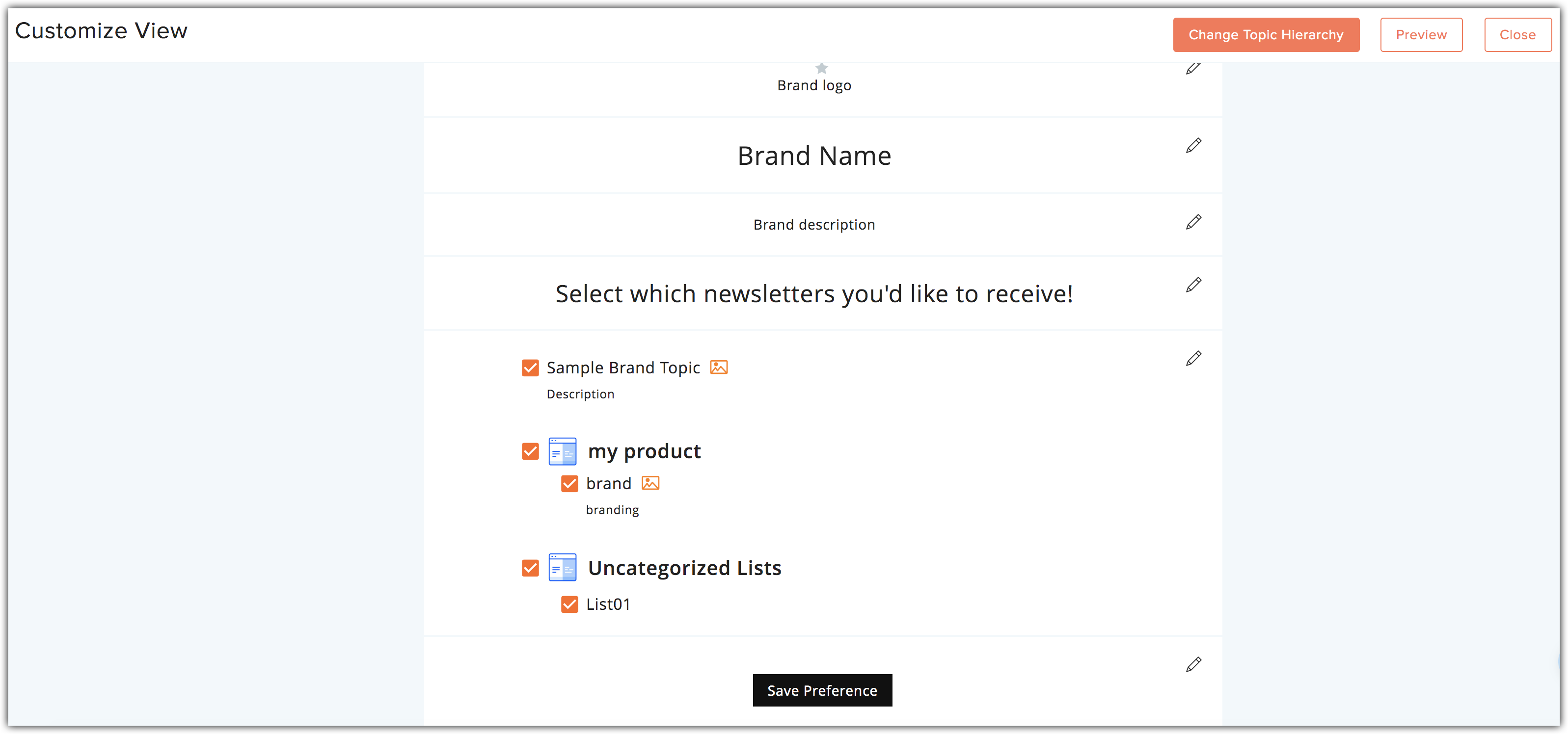 topics customize view