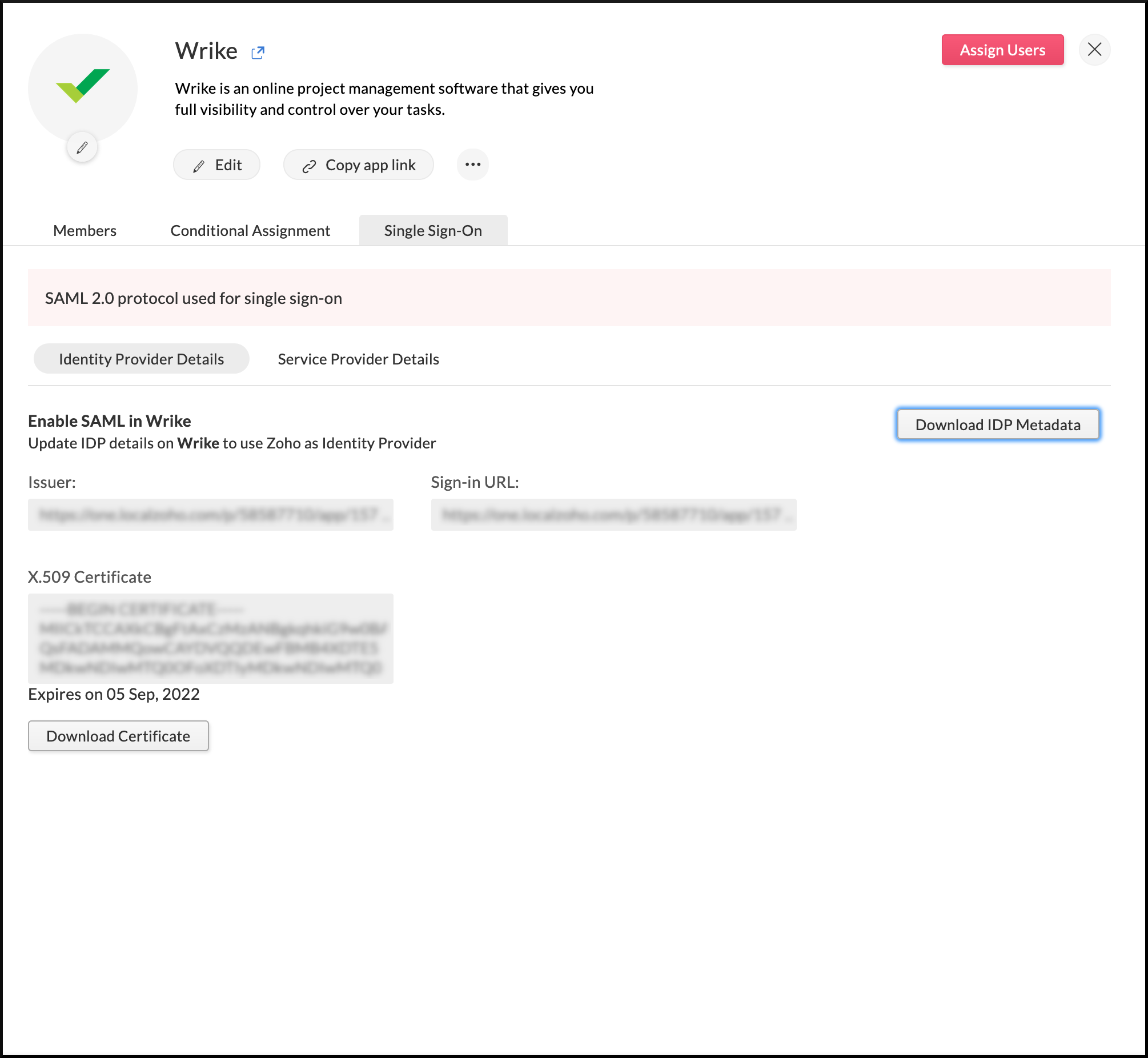 Identity provider details needed to configure SAML at Wrike