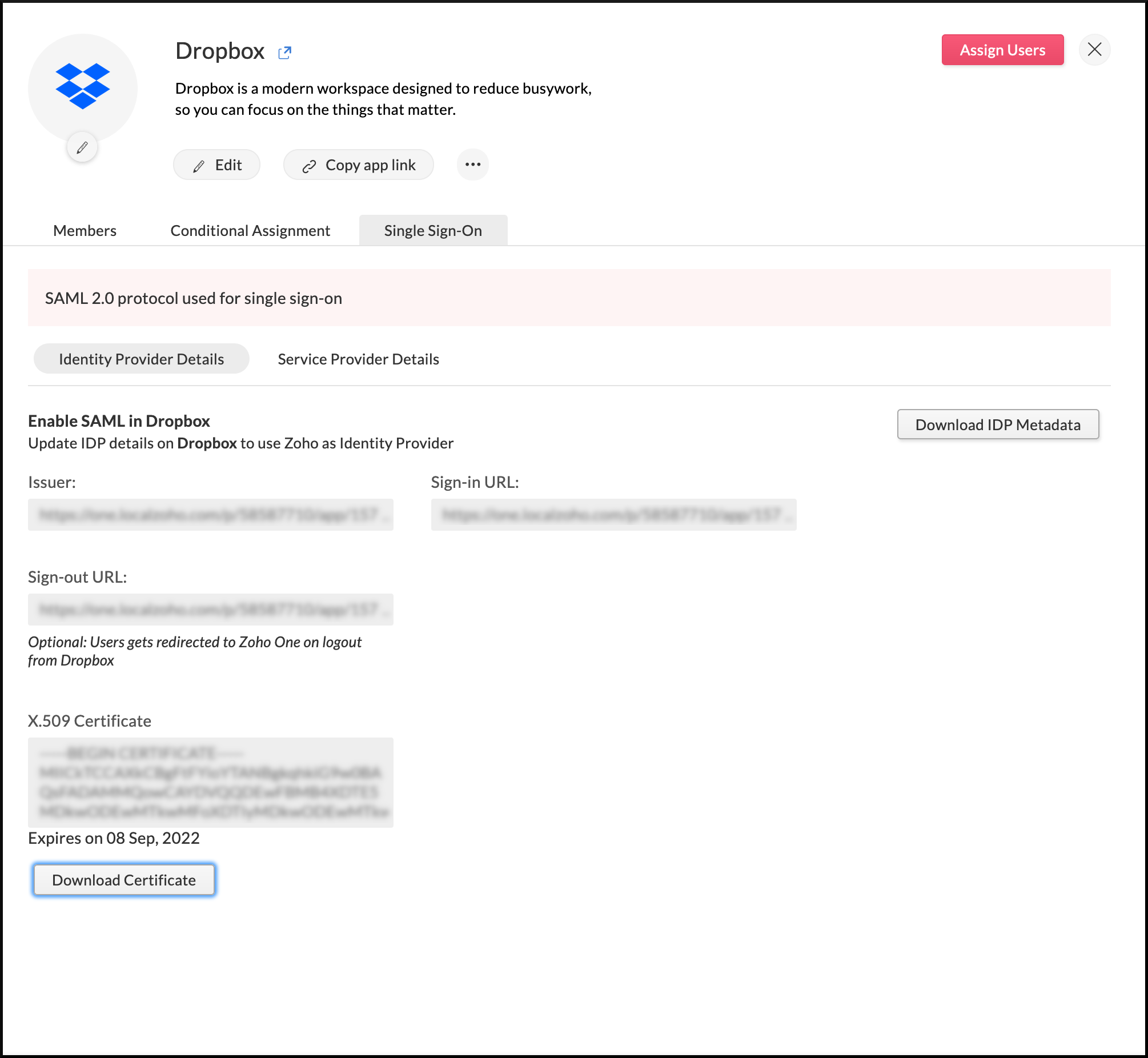 identity provider details needed to configure SAML at dropbox