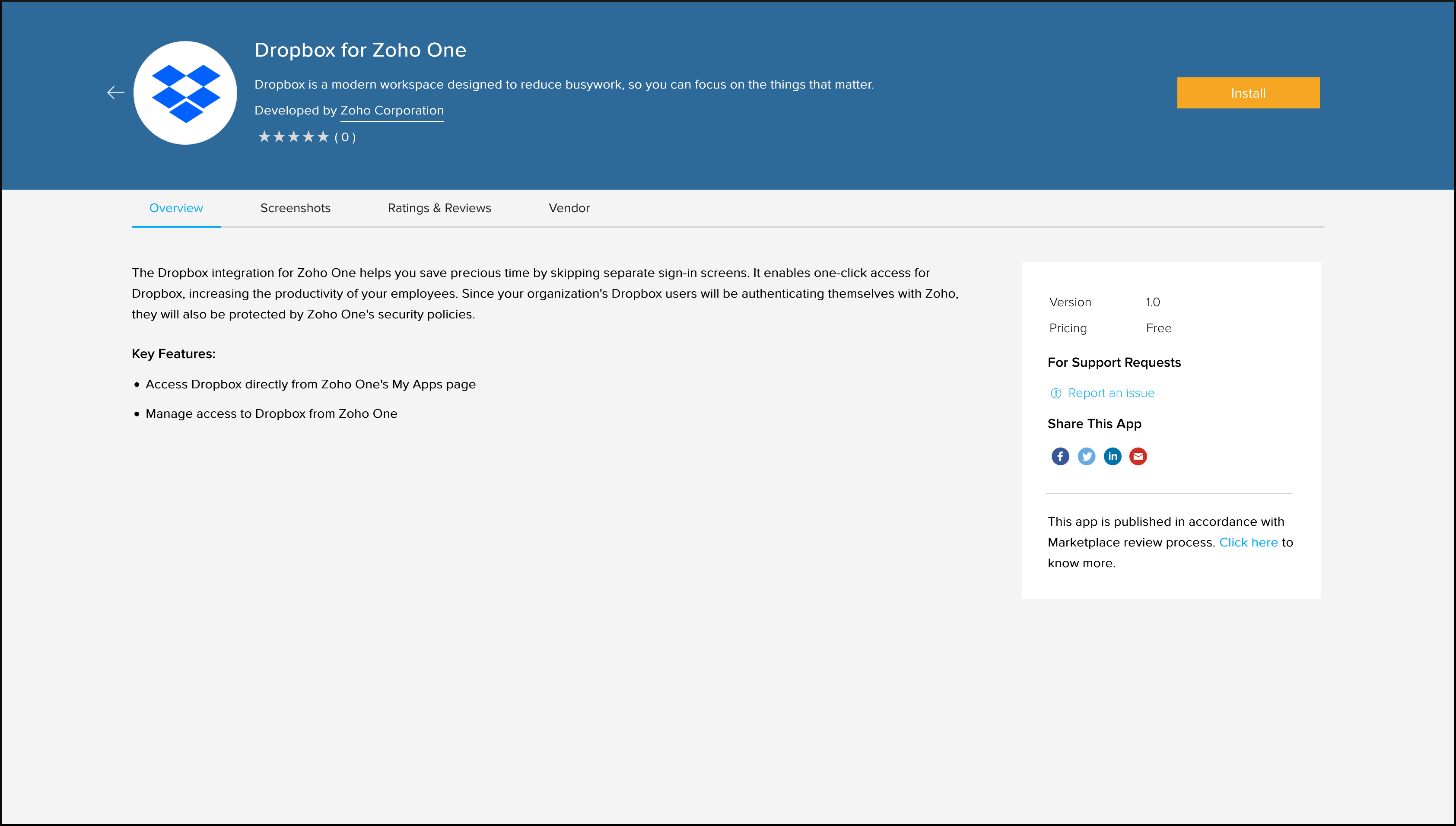 dropbox installation page in Zoho Marketplace