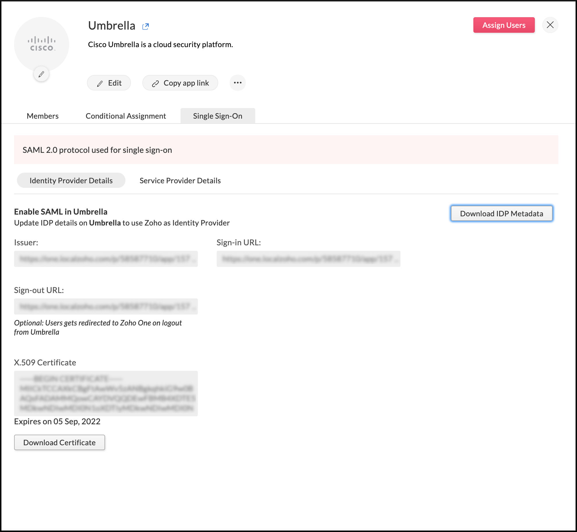 Identity provider details needed for configuring SAML at Umbrella