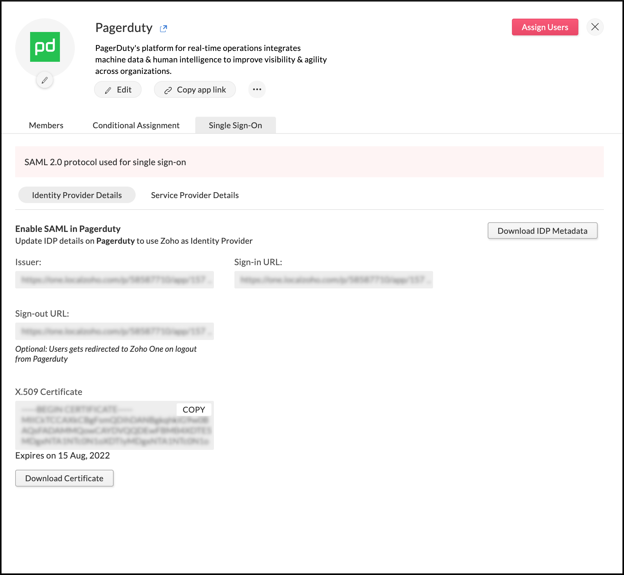 Identity provider details needed to configure SAML at PagerDuty