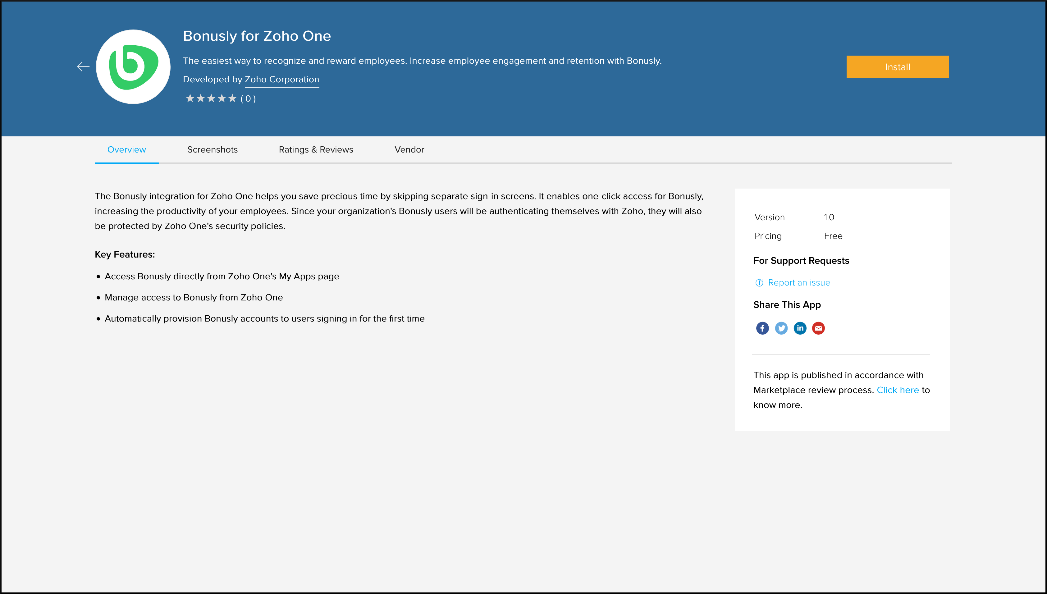 Bonusly installation page in Zoho Marketplace
