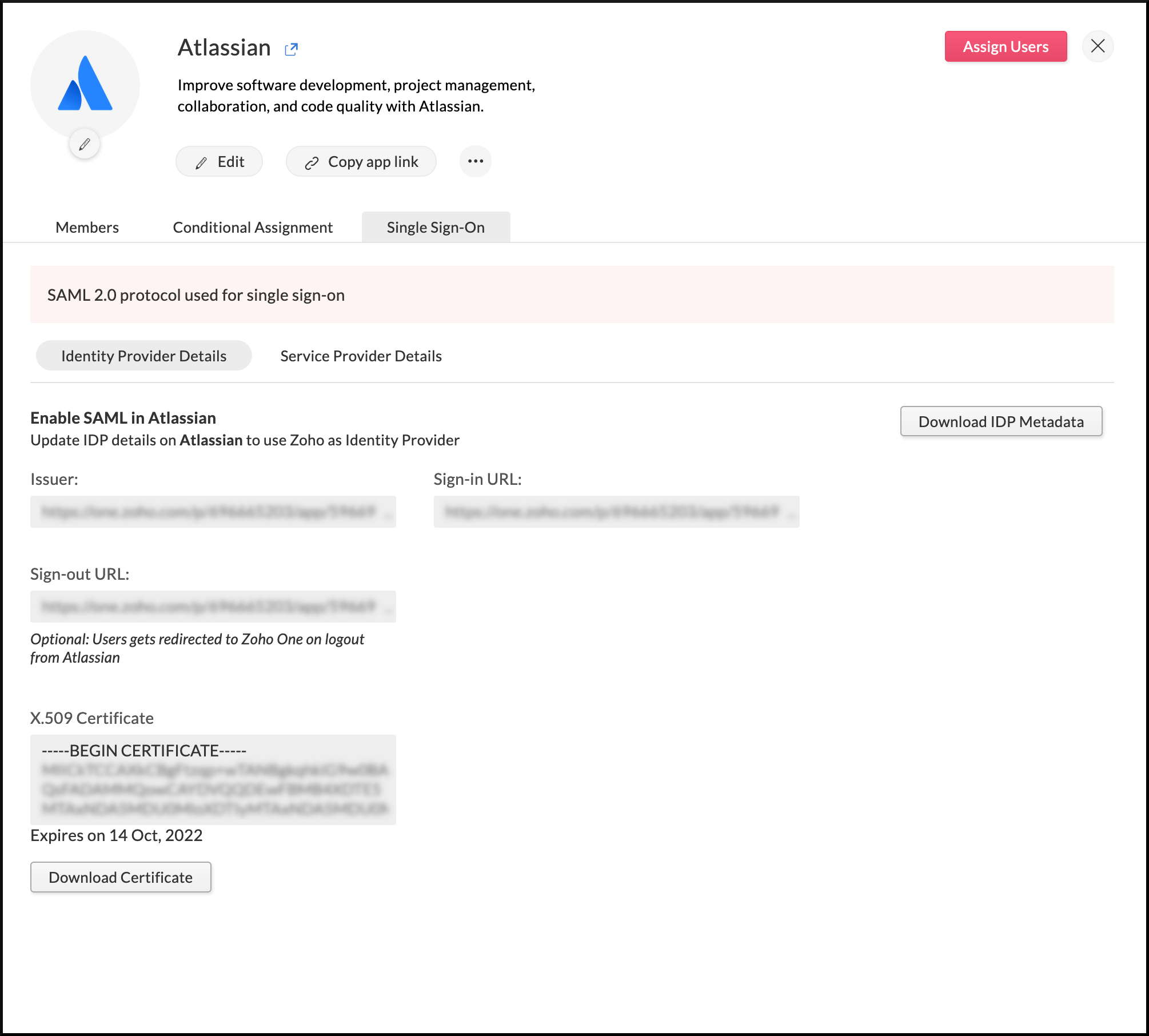 Identity provider details needed to configure SAML in Atlassian