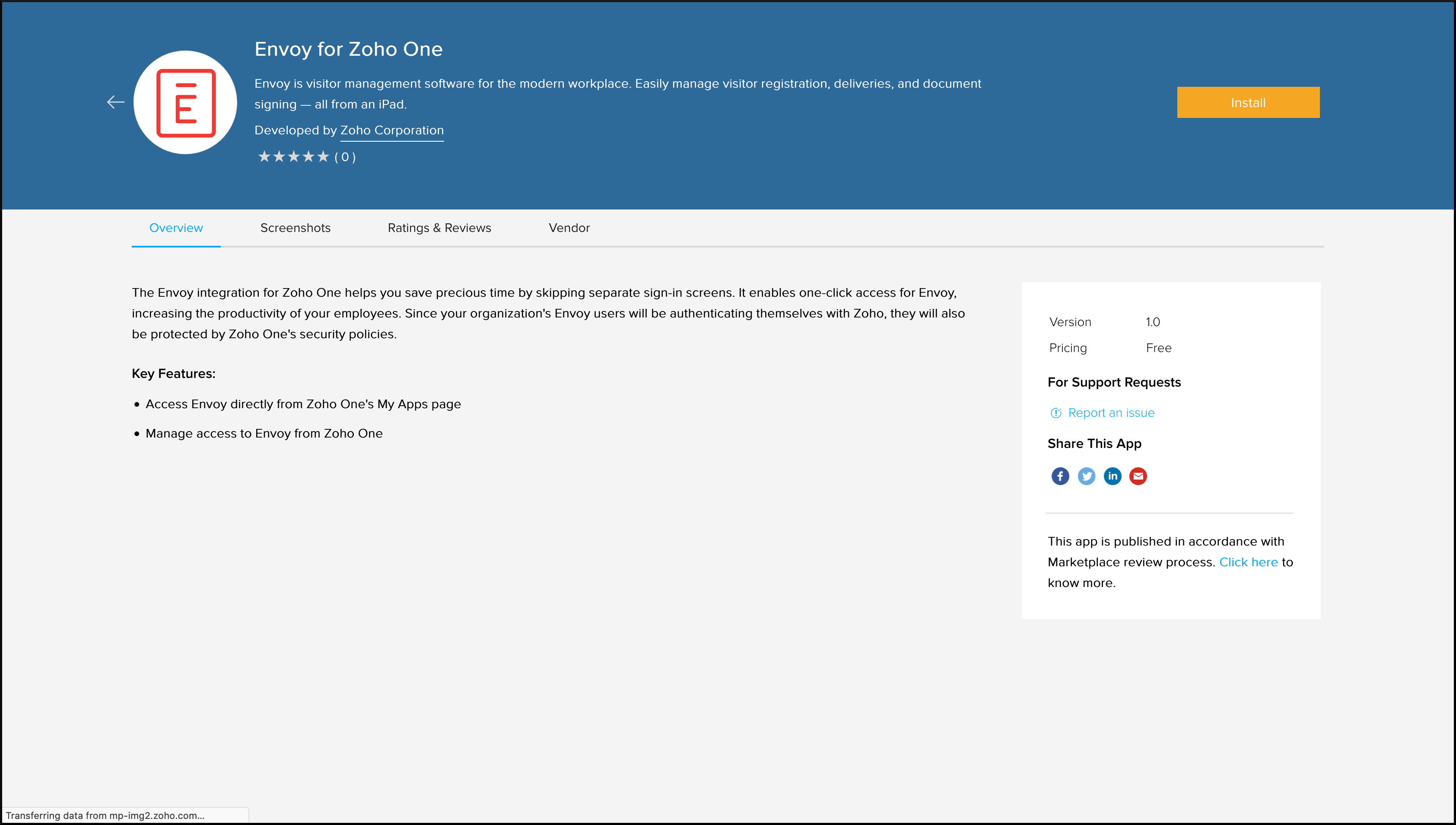 Envoy's installation page in Zoho Marketplace