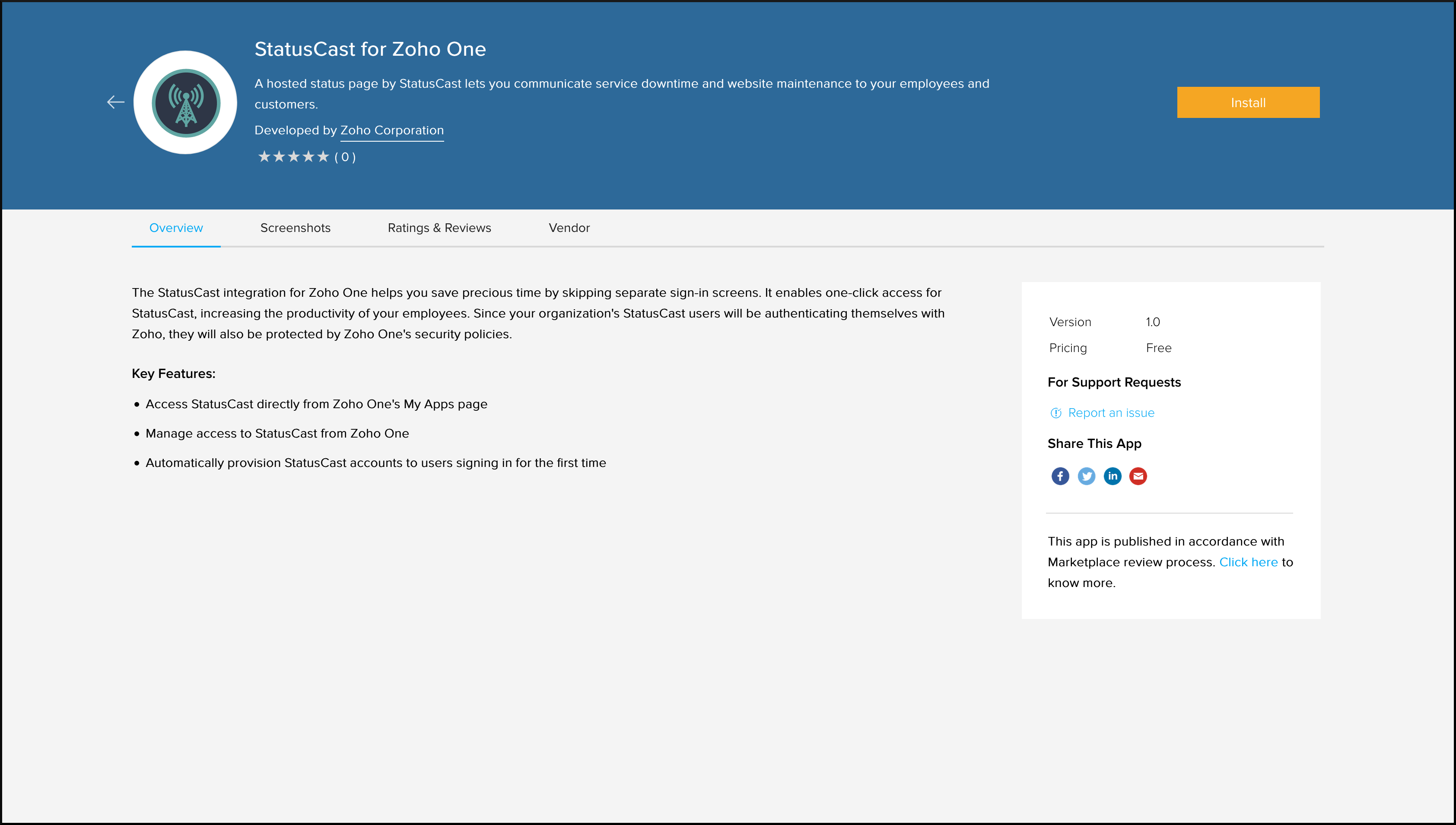 StatusCast's installation page in Zoho Marketplace