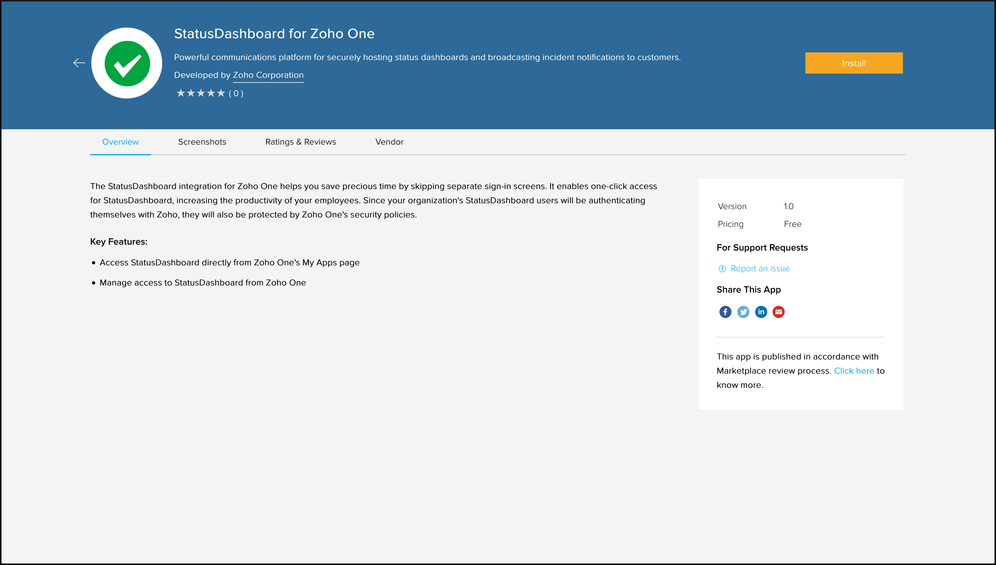 StatusDashboard's installation page in Zoho Marketplace