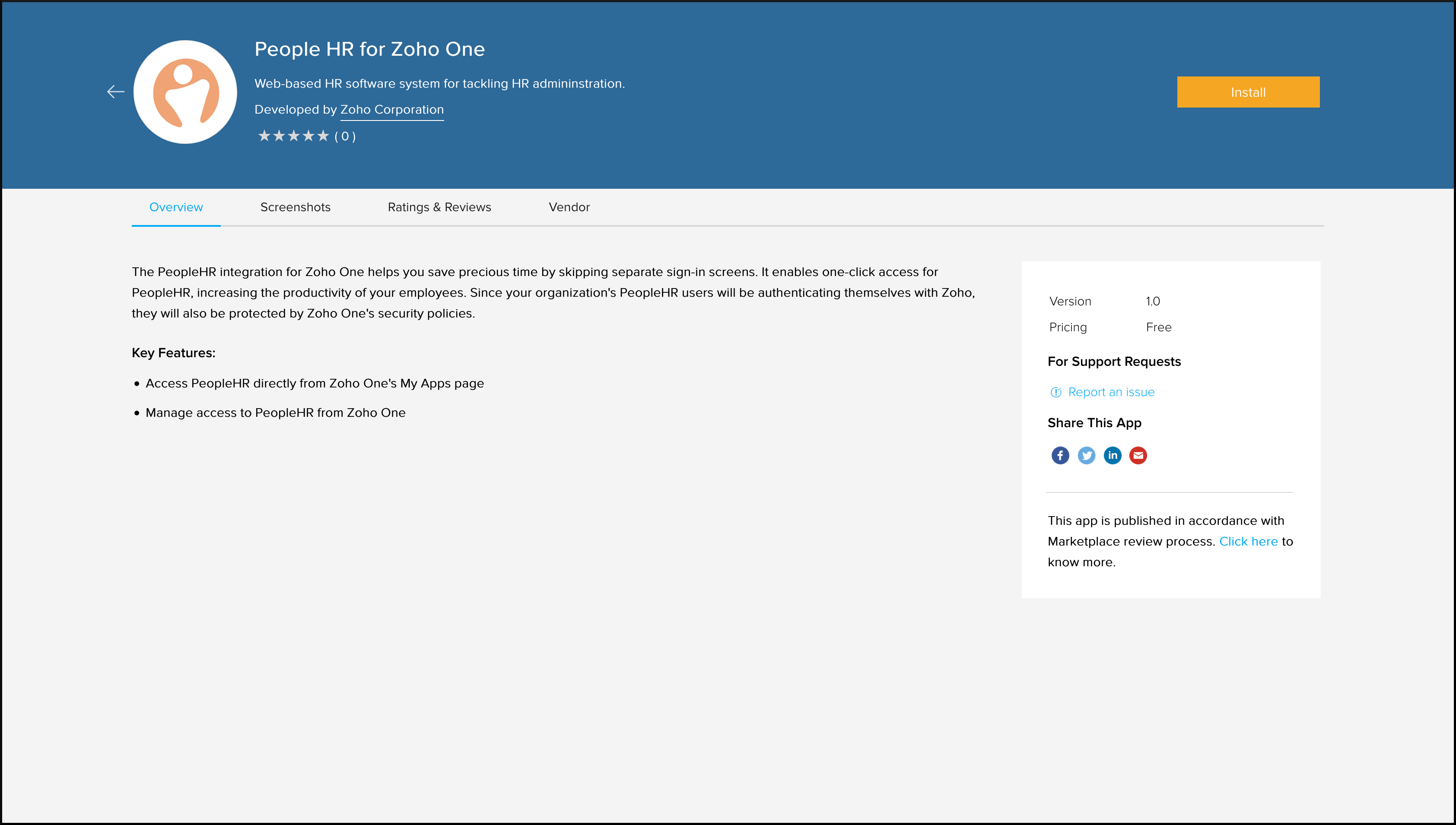 PeopleHR's installation page in Zoho Marketplace