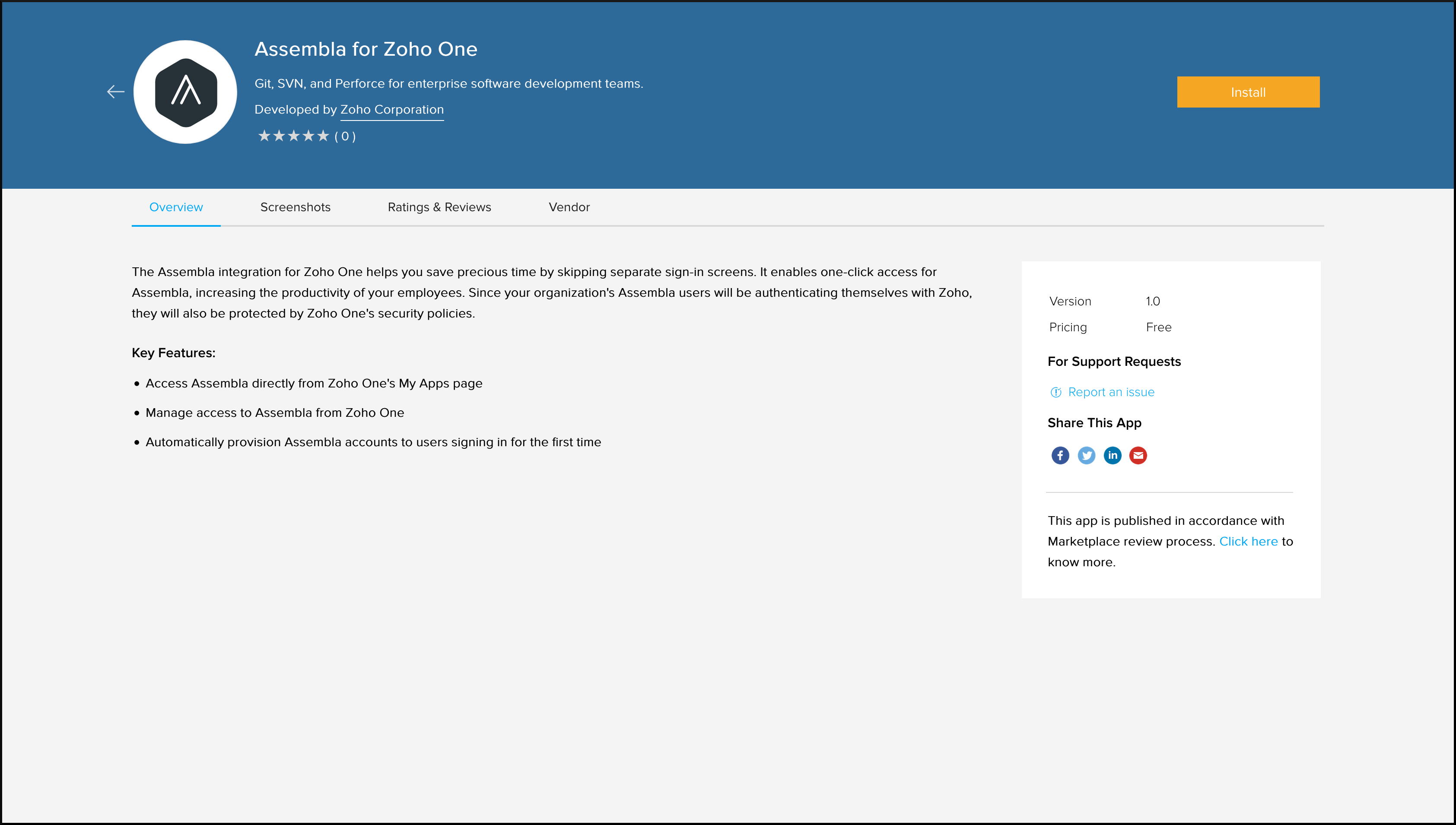 Assembla's installation page in Zoho Marketplace