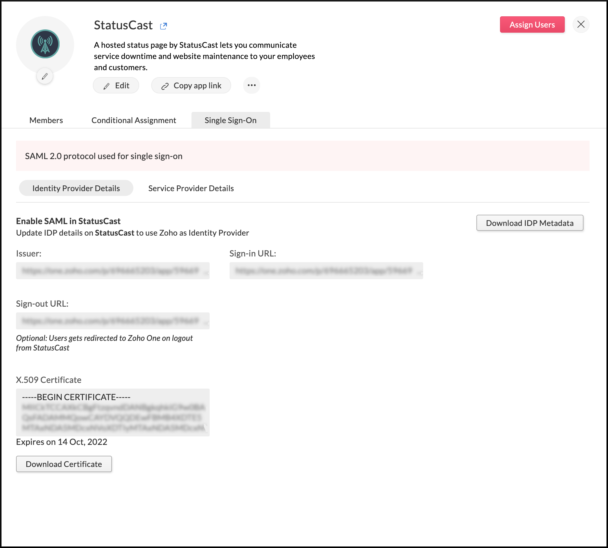 Identity provider details needed to configure SAML in StatusCast