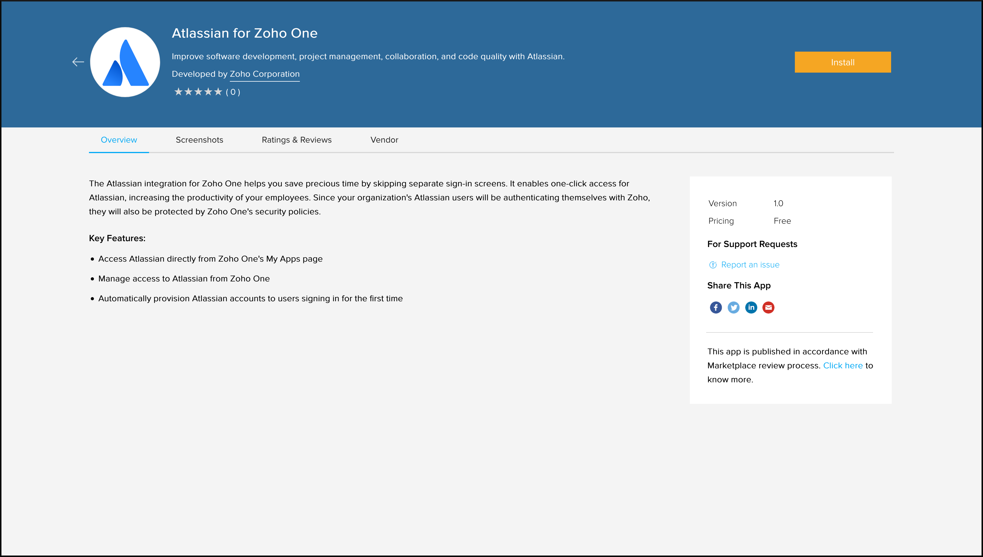 Atlassian's installation page in Zoho Marketplace