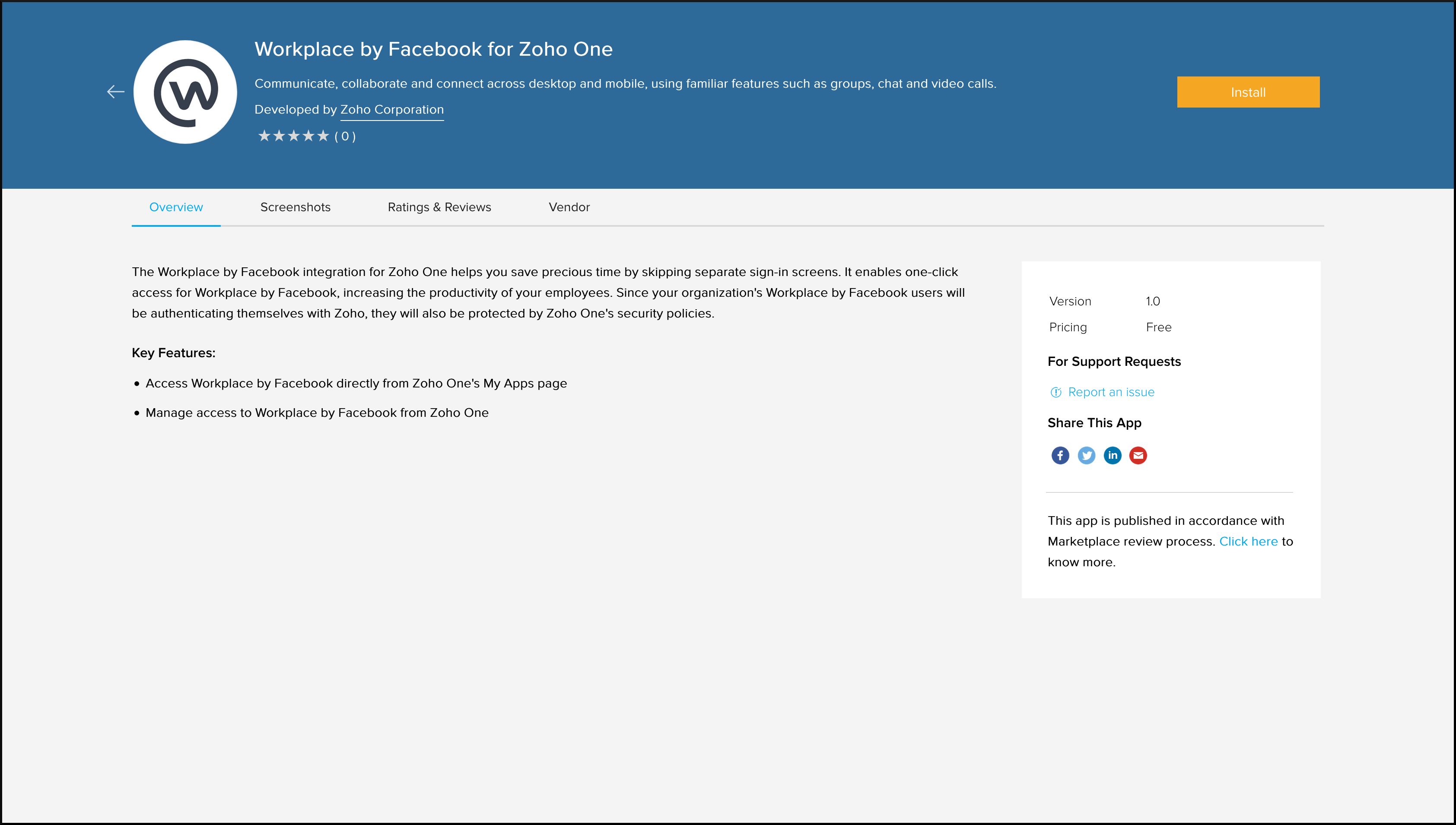 Workplace by Facebook's installation page in Zoho Marketplace