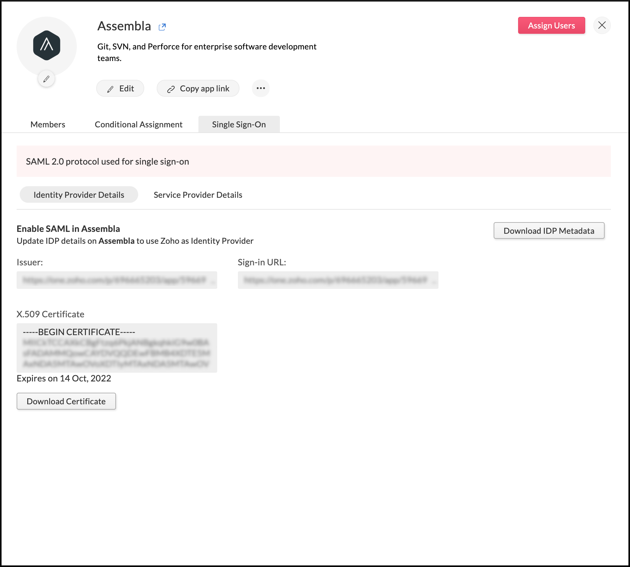 Identity provider details needed to configure SAML in Assembla