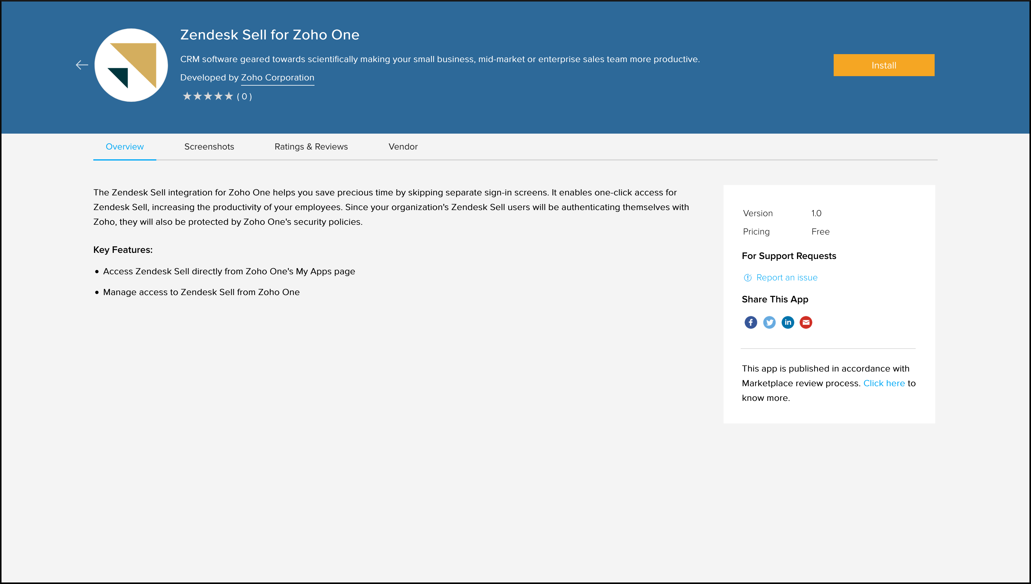 Zendesk Sell's installation page in Zoho Marketplace