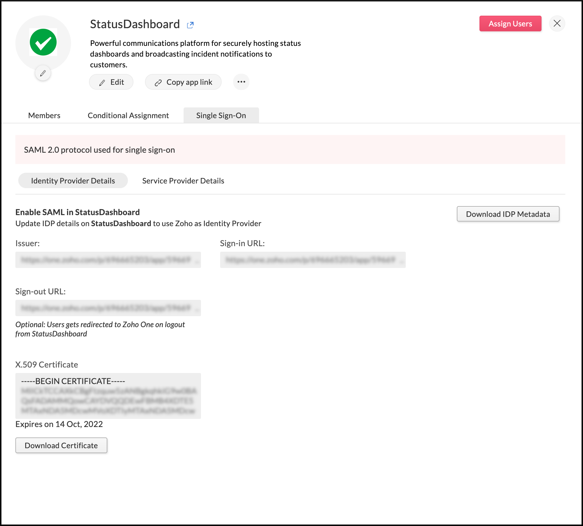 Identity provider details needed to configure SAML in StatusDashboard