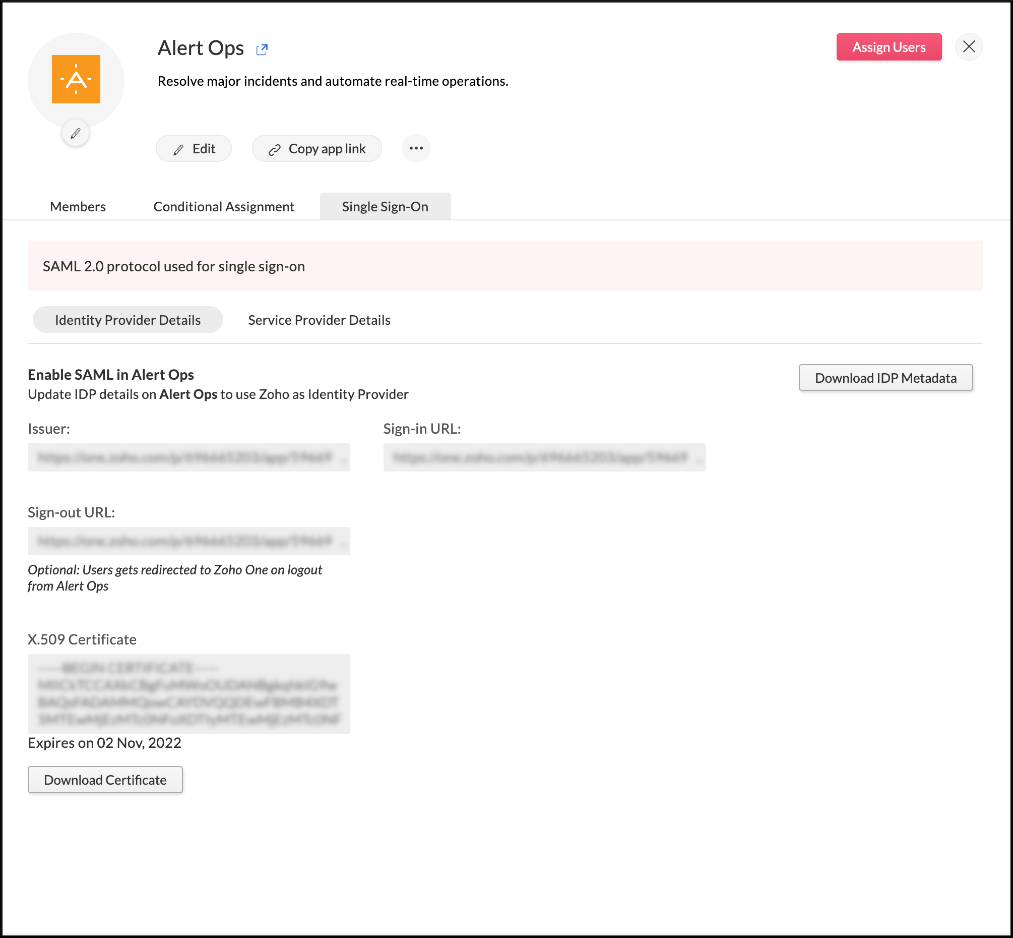 Identity provider details needed to configure SAML in AlertOps