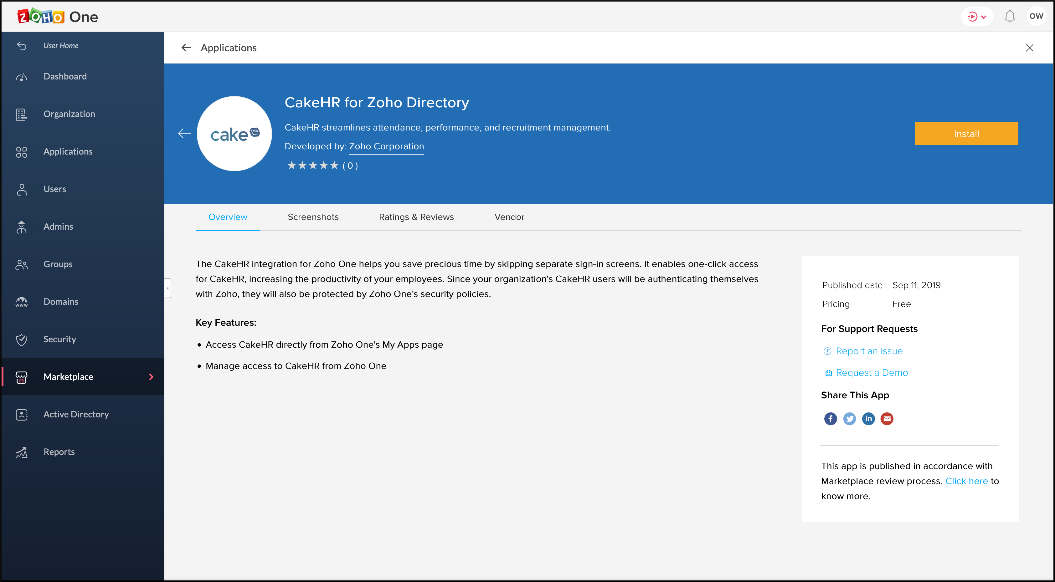 CakeHR's installation page in Zoho Marketplace