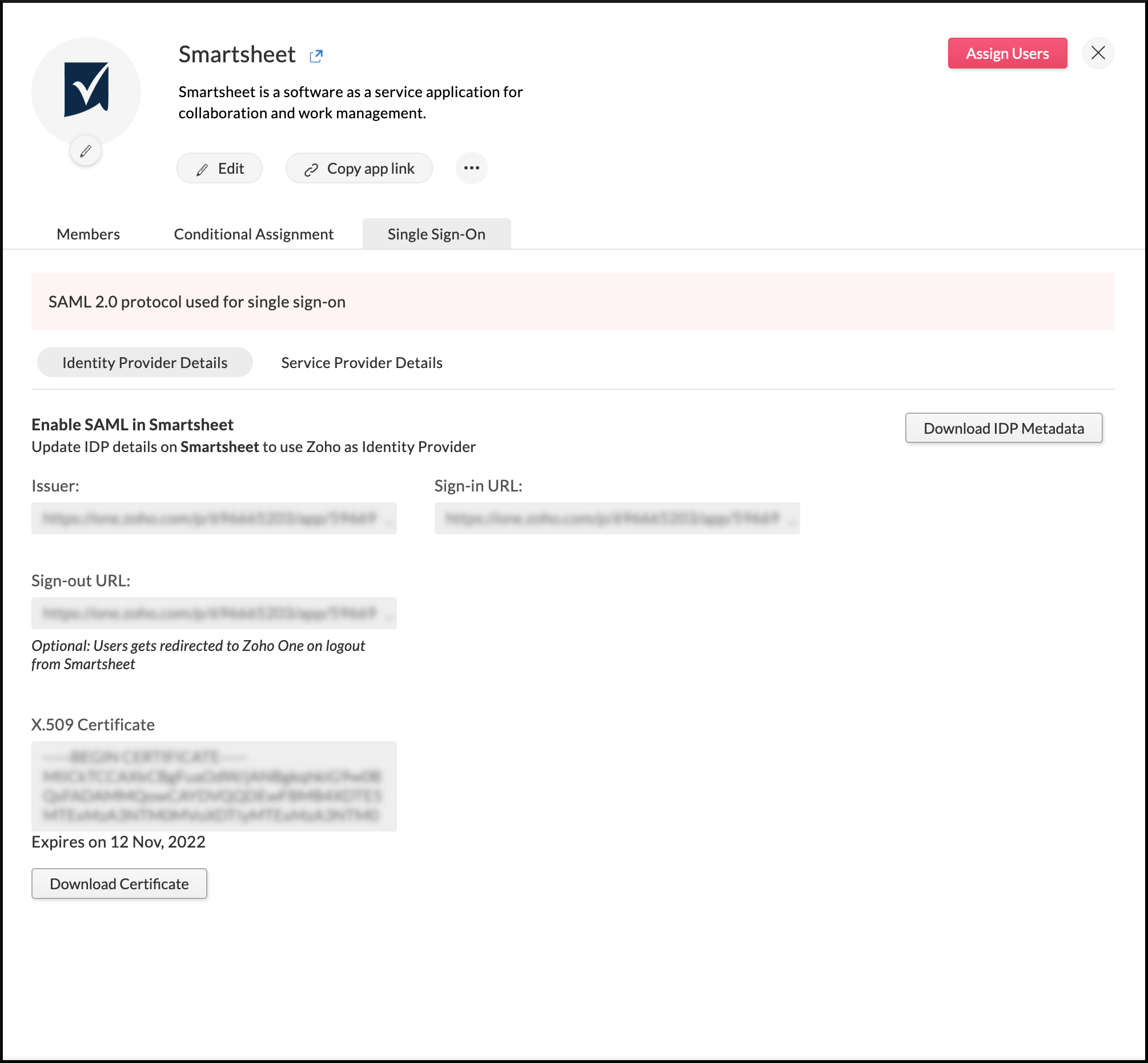 Identity provider details needed to configure SAML in Smartsheet