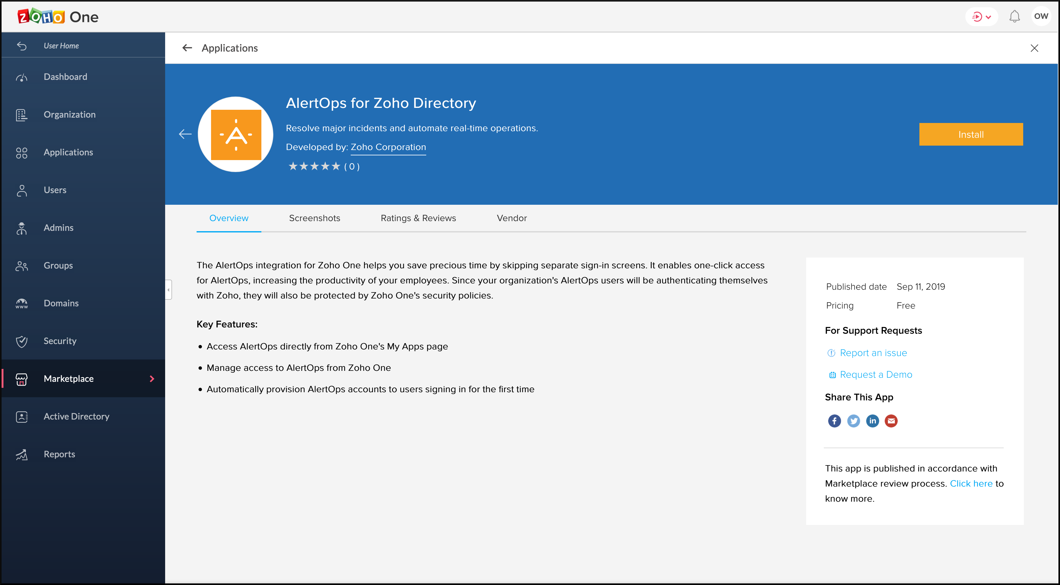 AlertOps's installation page in Zoho Marketplace