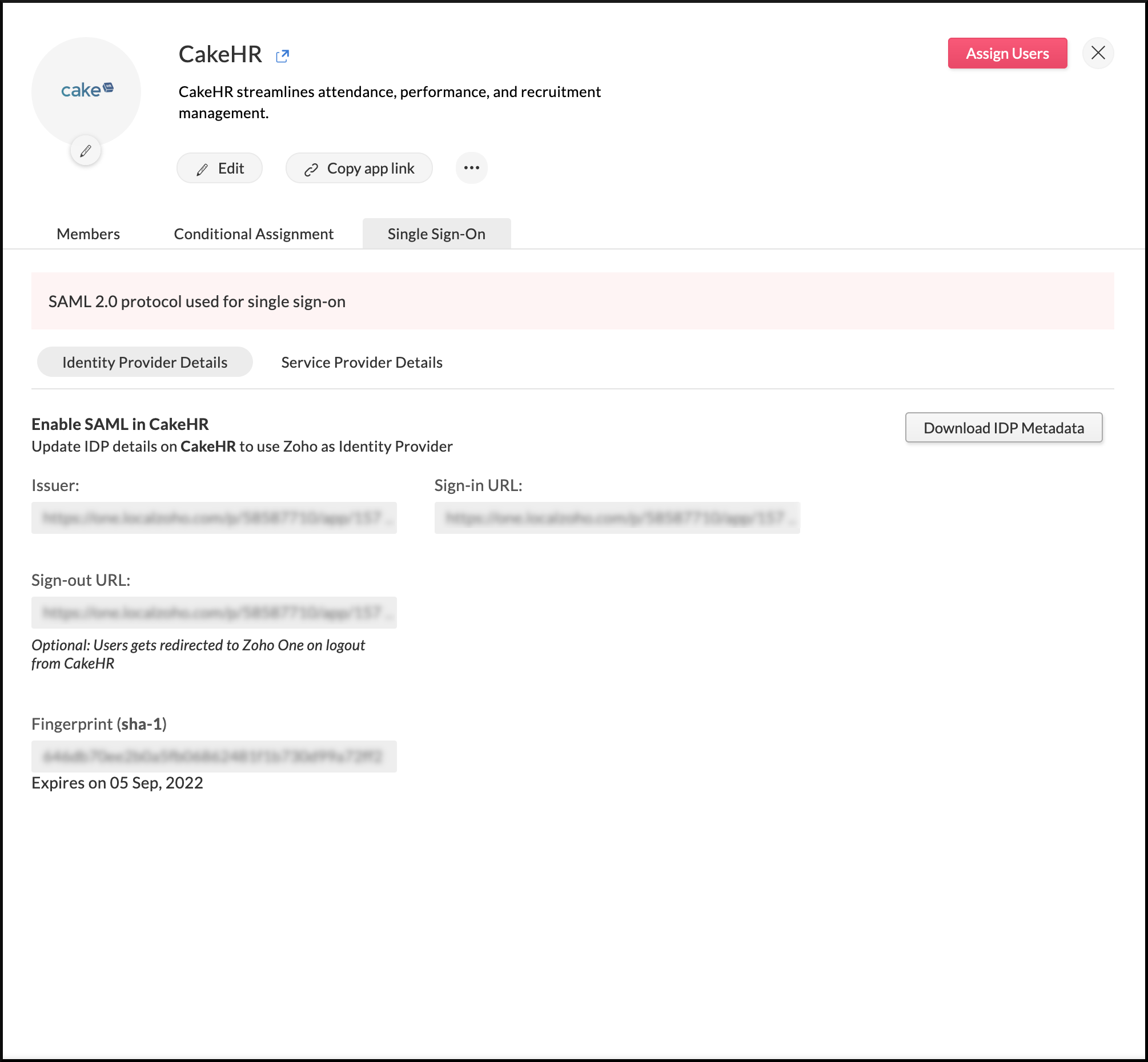 Identity provider details needed to configure SAML in CakeHR