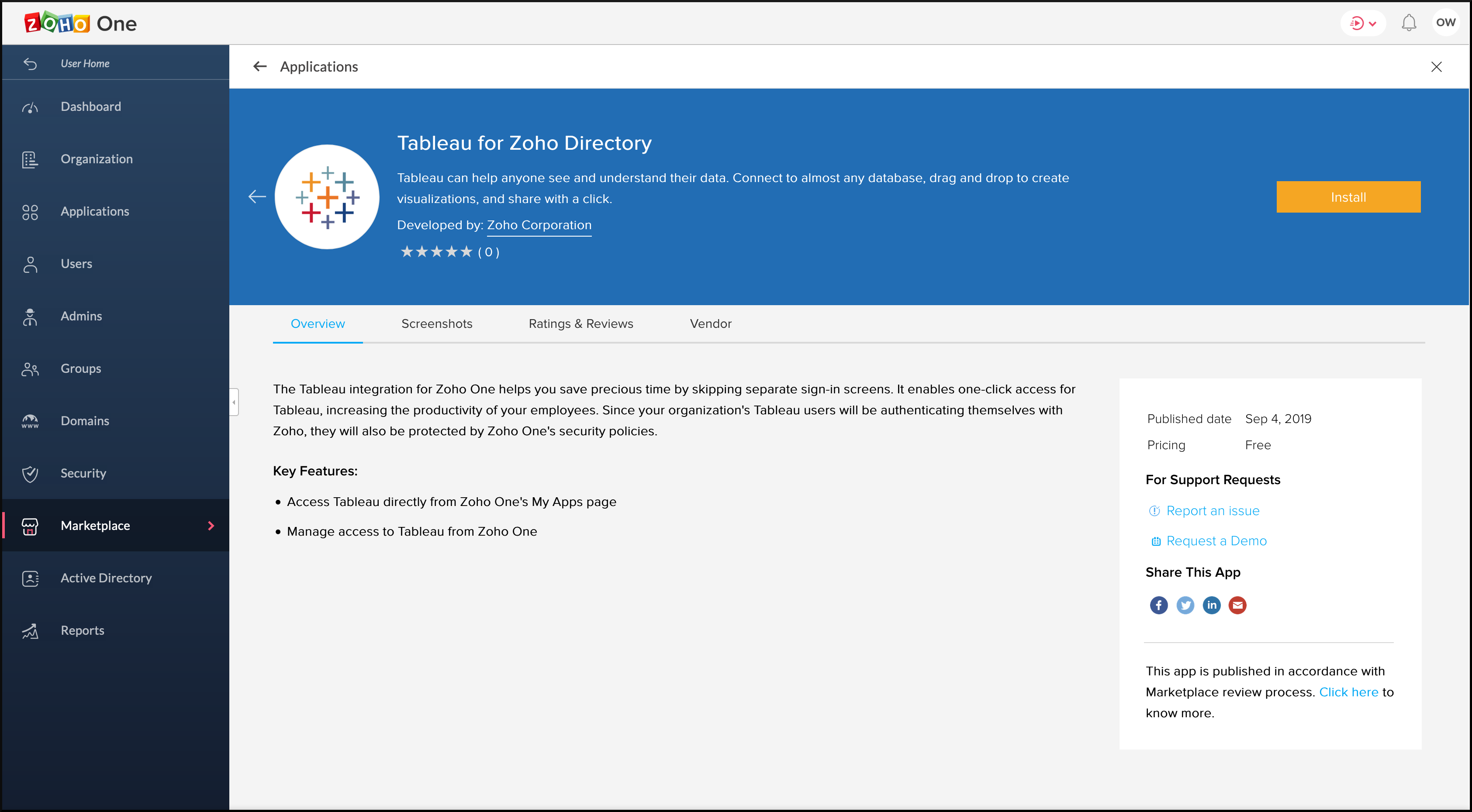 Tableau's installation page in Zoho Marketplace