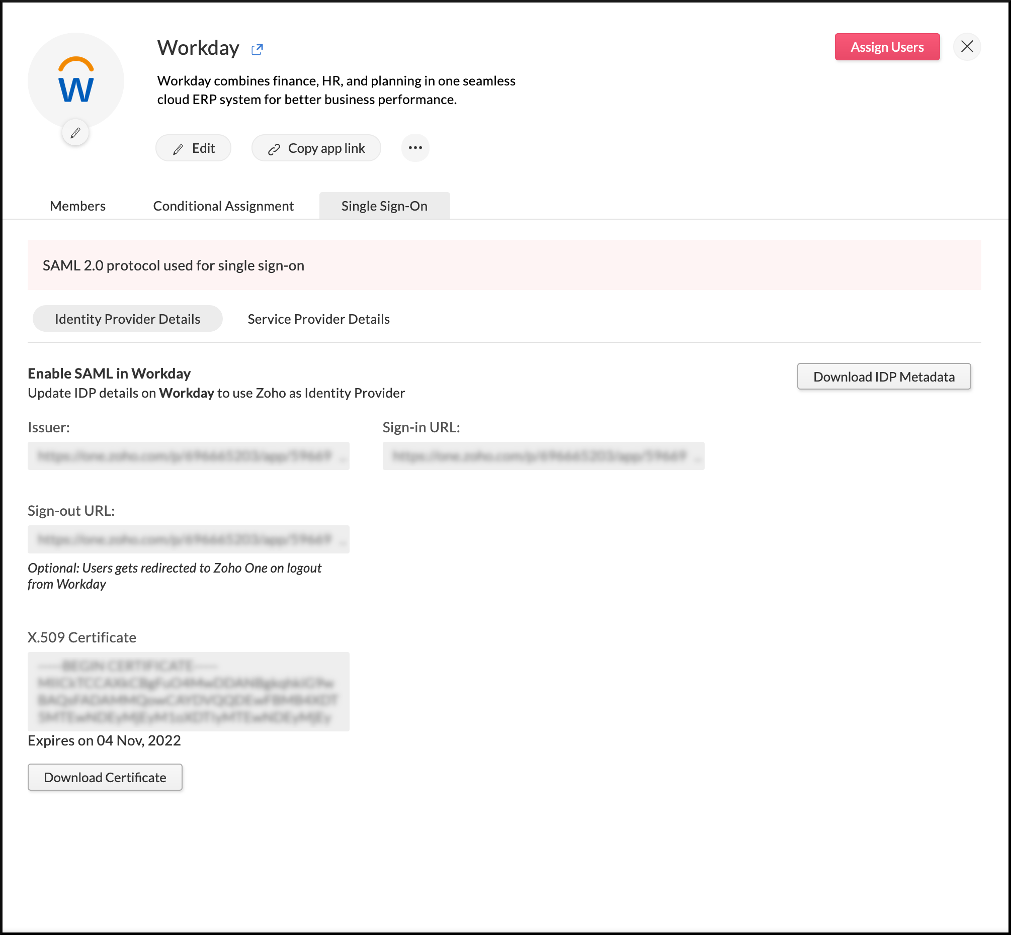 Identity provider details needed to configure SAML in Workday