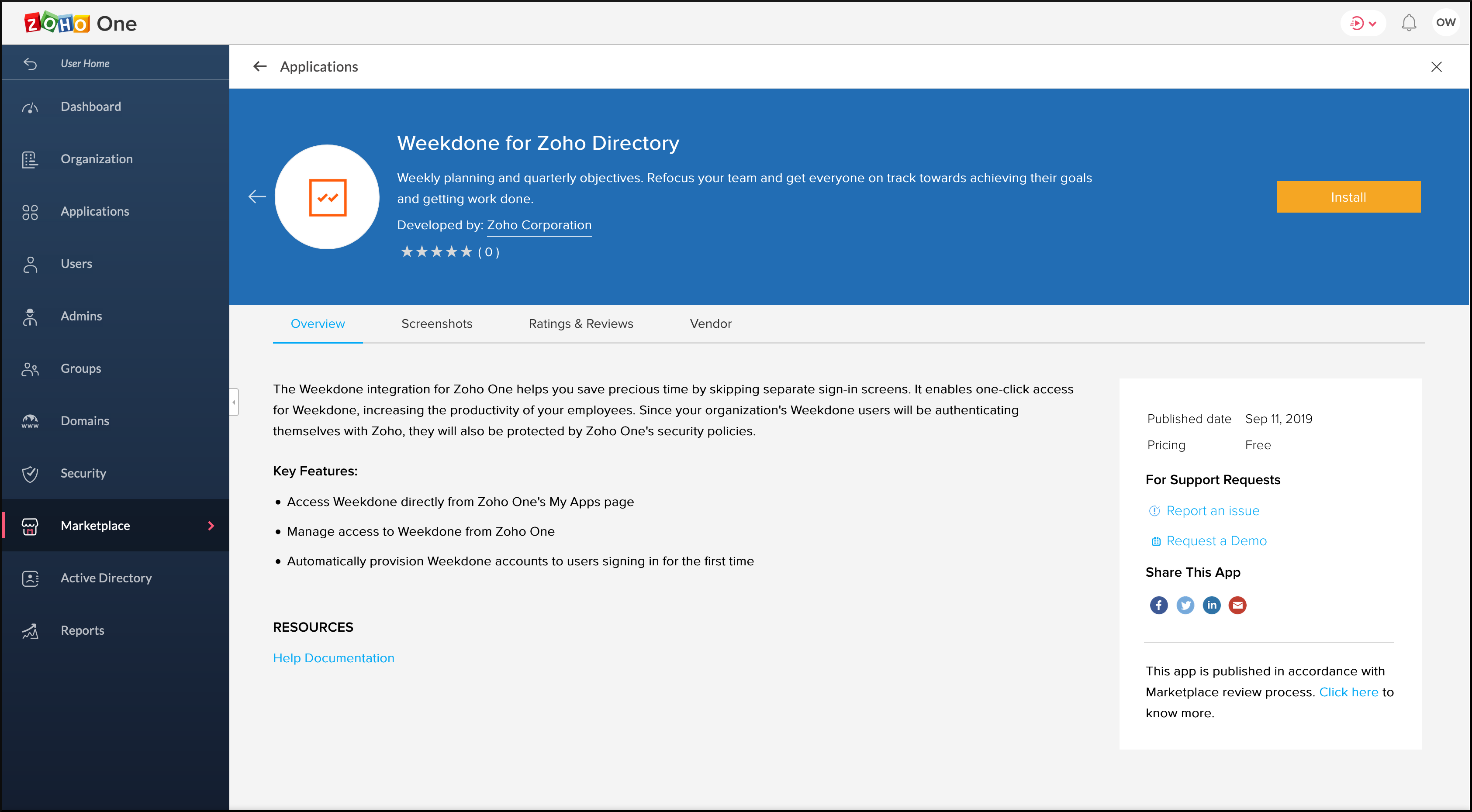 Weekdone's installation page in Zoho Marketplace