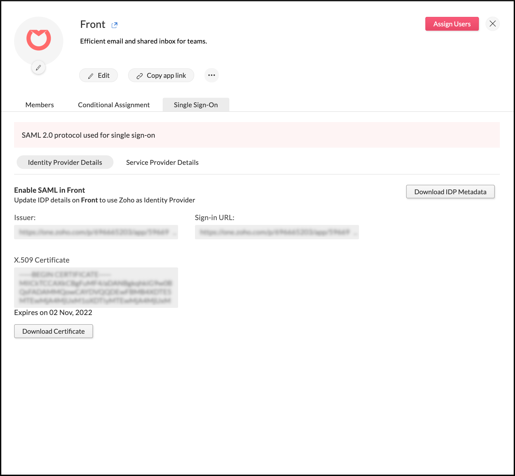 Identity provider details needed to configure SAML in Front